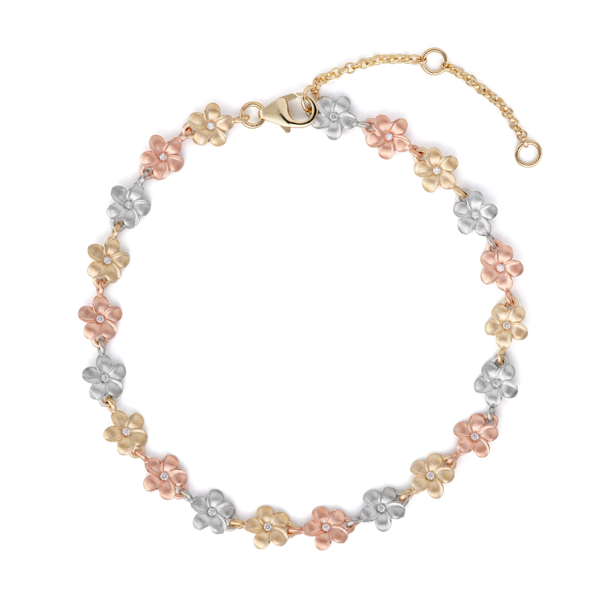7-8.5" Adjustable Plumeria Bracelet in Tri Color Gold with Diamonds - 6mm