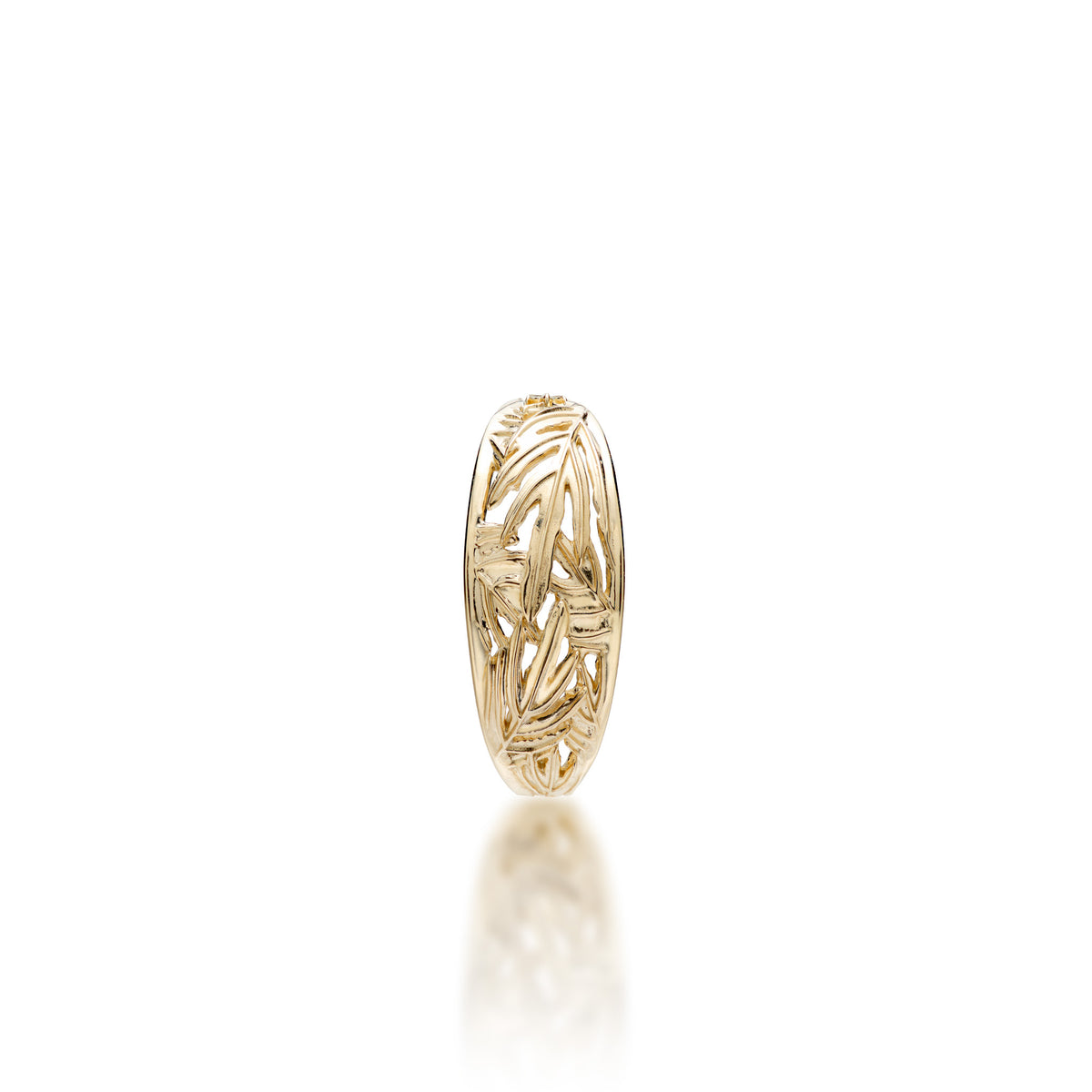 Front view of tapered 8mm Lauaʻe Fern Ring in 14k Yellow Gold with High-polish finish on a white background
