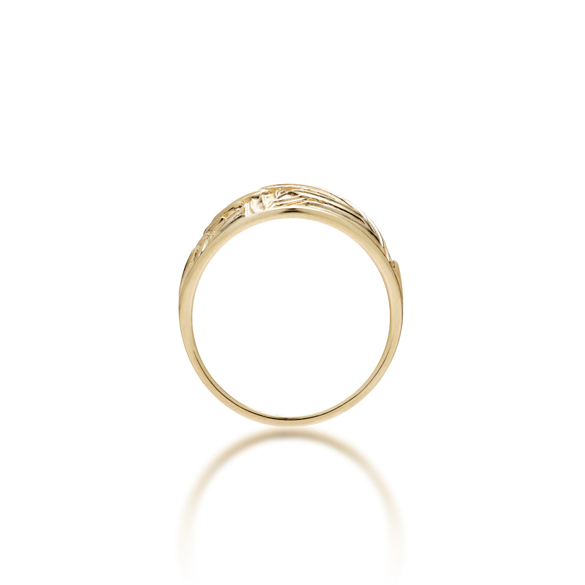 Side view of tapered 8mm Lauaʻe Fern Ring in 14k Yellow Gold with High-polish finish on a white background