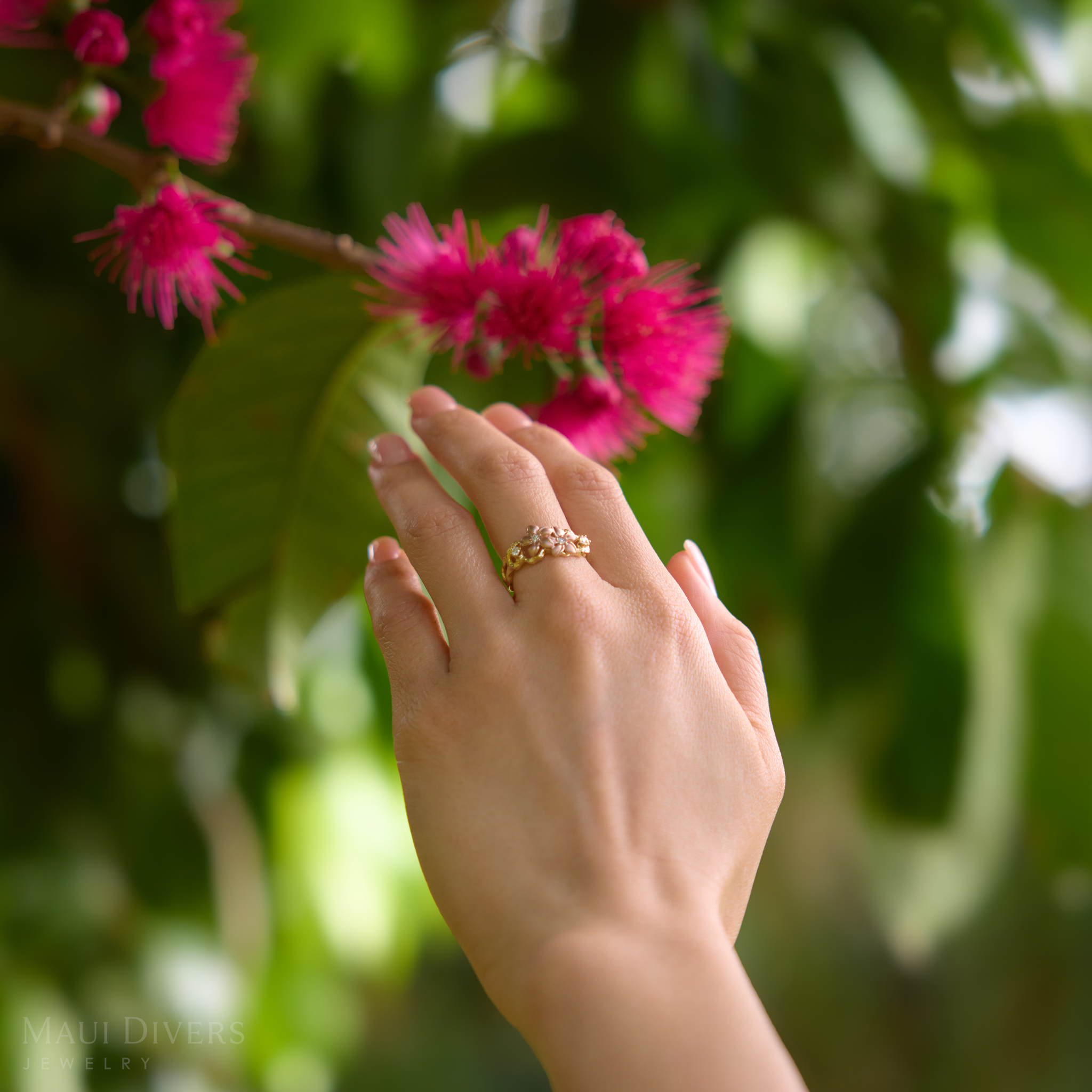 Plumeria Ring in Two Tone Gold with Diamonds - 10mm
