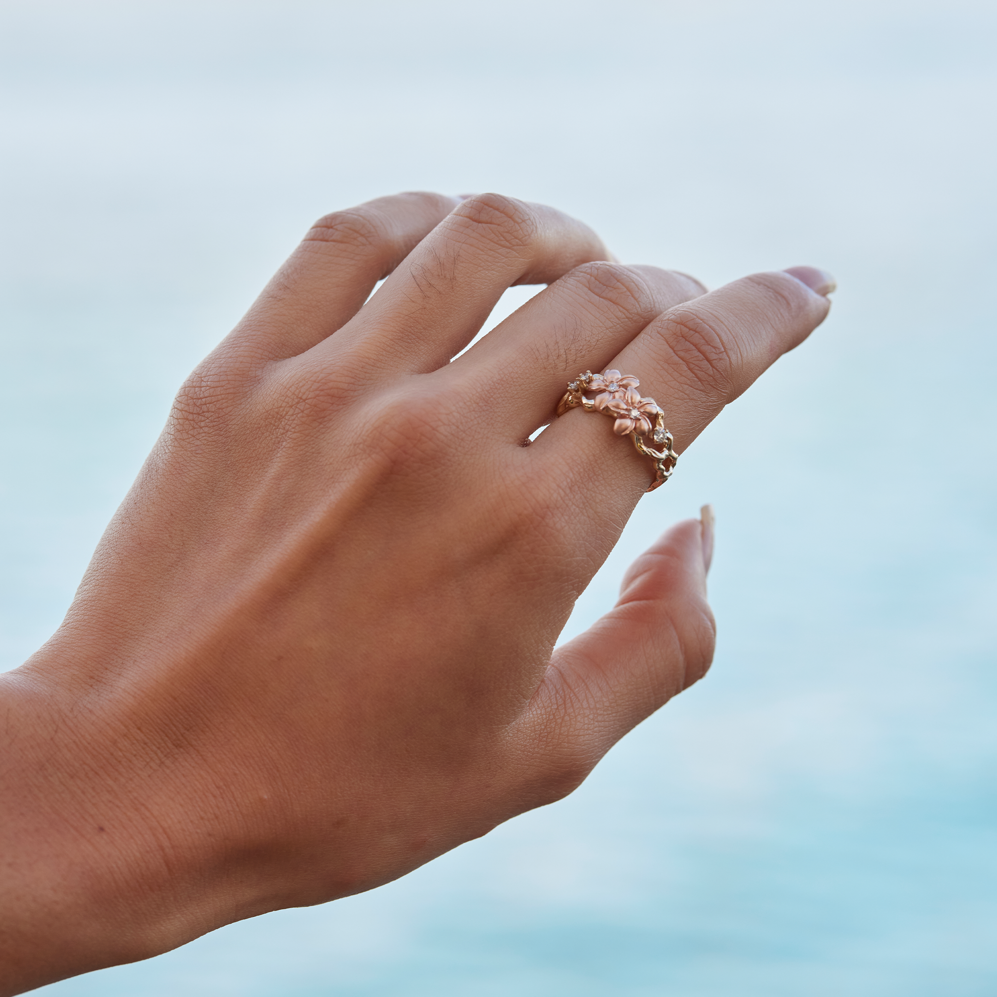 Plumeria Ring in Two Tone Gold with Diamonds - 10mm