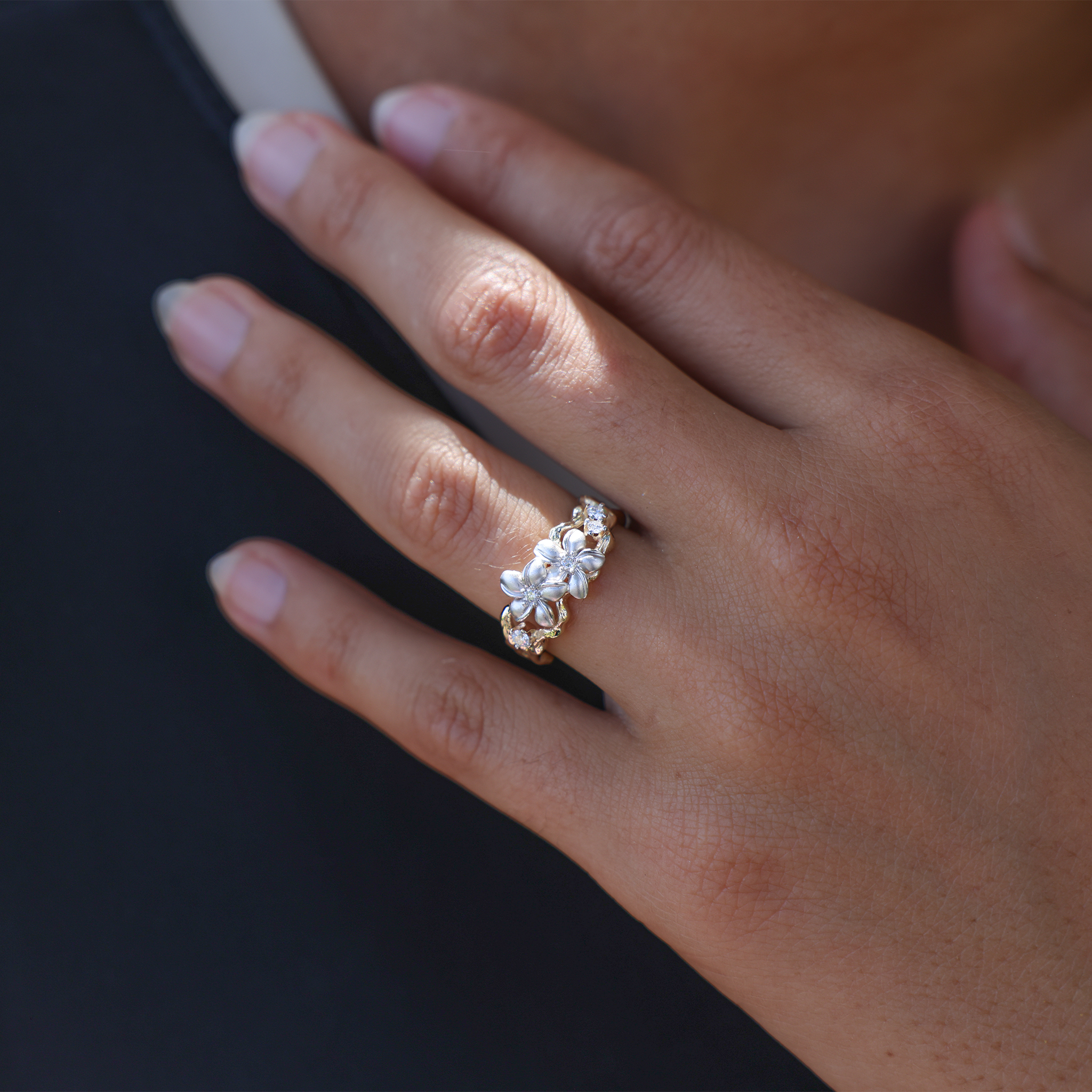 Plumeria Ring in Two Tone Gold with Diamonds - 10mm