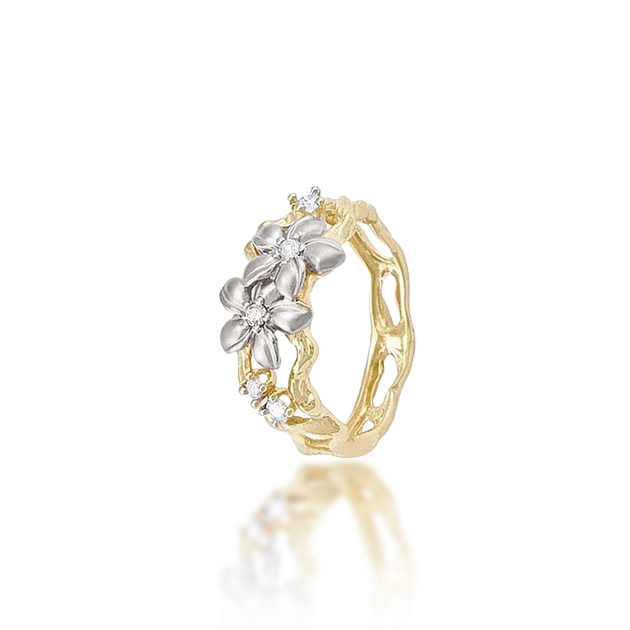 Plumeria-Ring aus zweifarbigem Gold mit Diamanten – 10 mm
