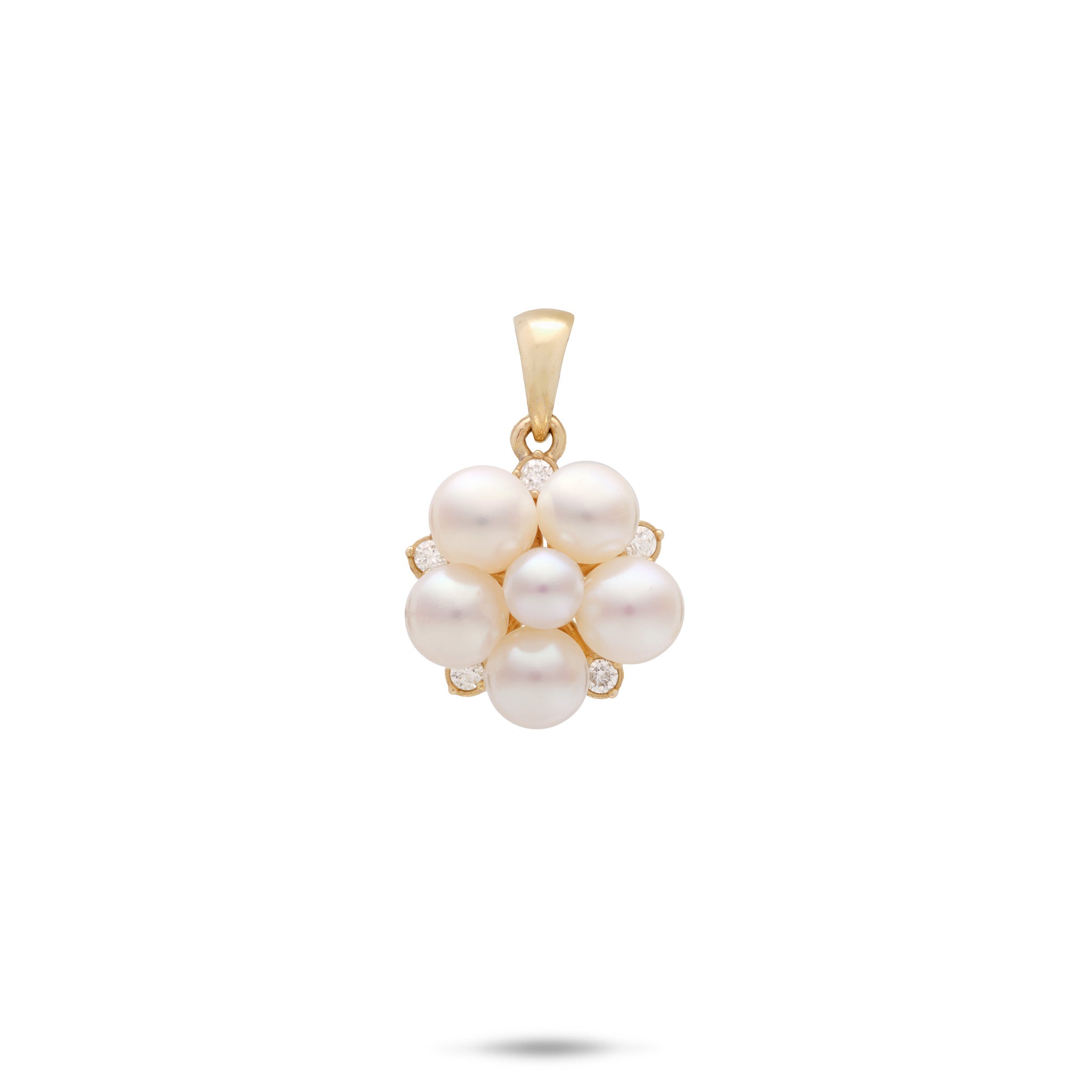 Tiny Bubbles Freshwater White Pearl Pendant in 14k Yellow Gold with Diamonds on a white background