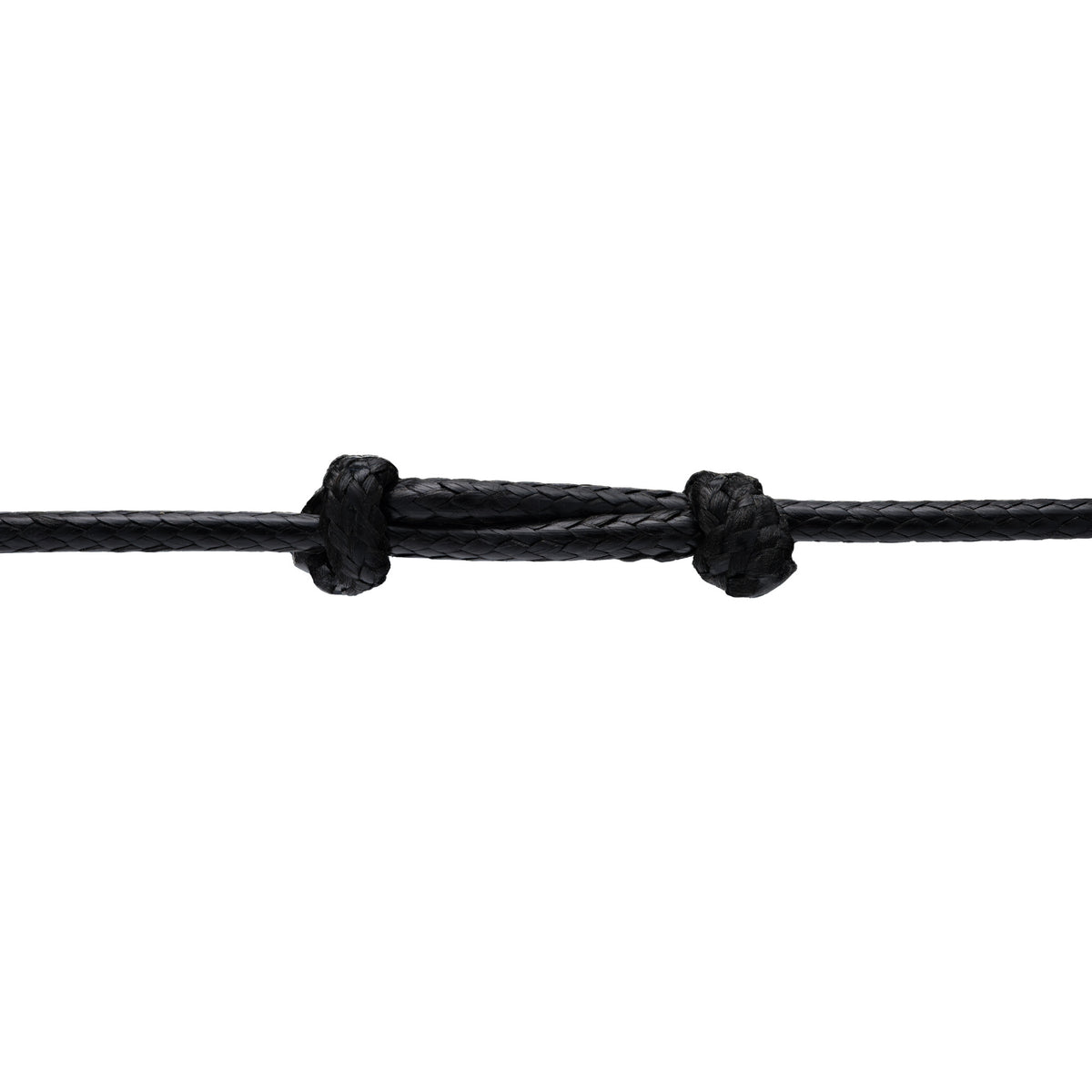 A black cord fastener detail shot on a white background
