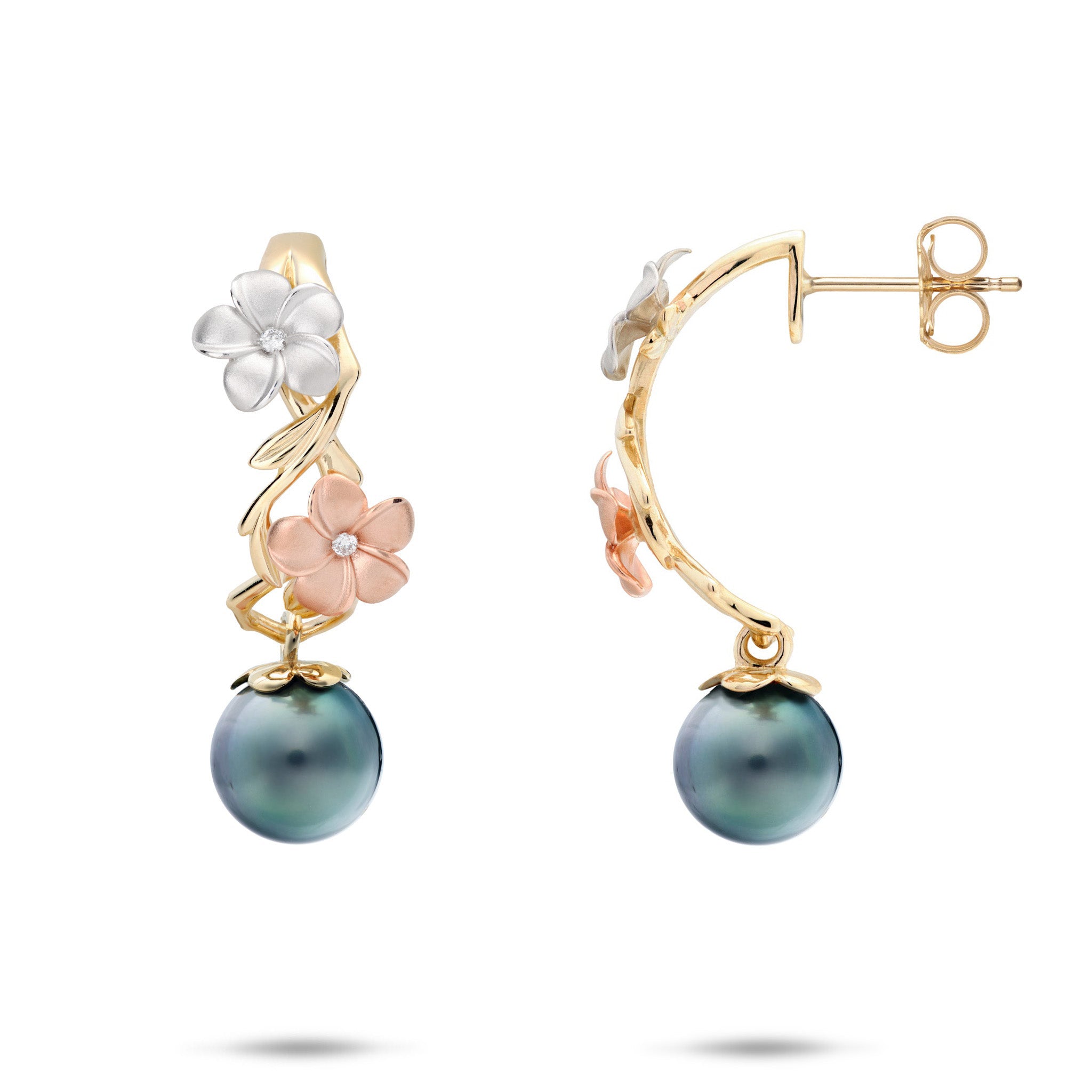 Pearls in Bloom Plumeria Tahitian Black Pearl Half-Hoop Earrings in Tri Color Gold with Diamonds on a white background