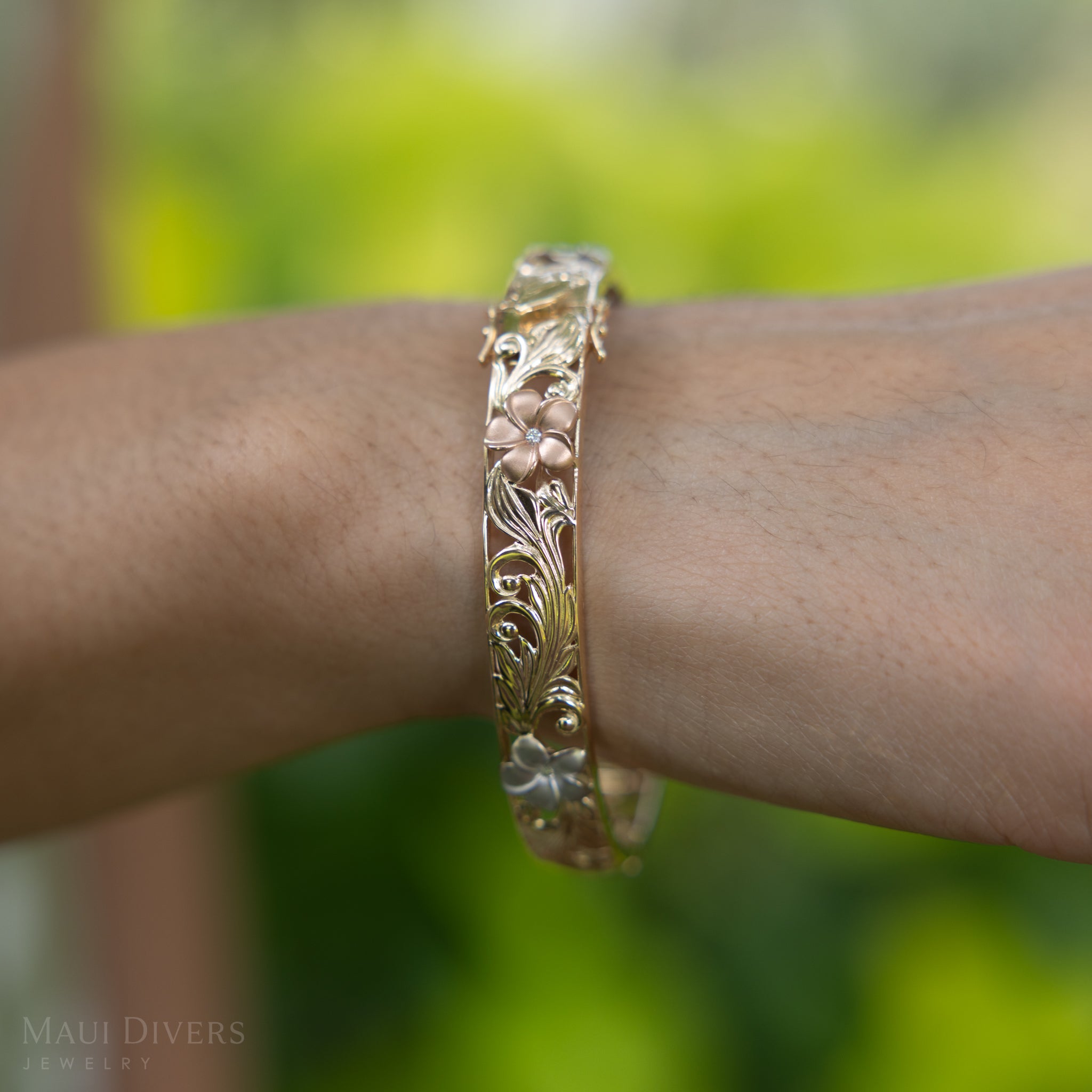Hawaiian Heirloom Plumeria Hinge Bracelet in Tri Color Gold with Diamonds - 10mm