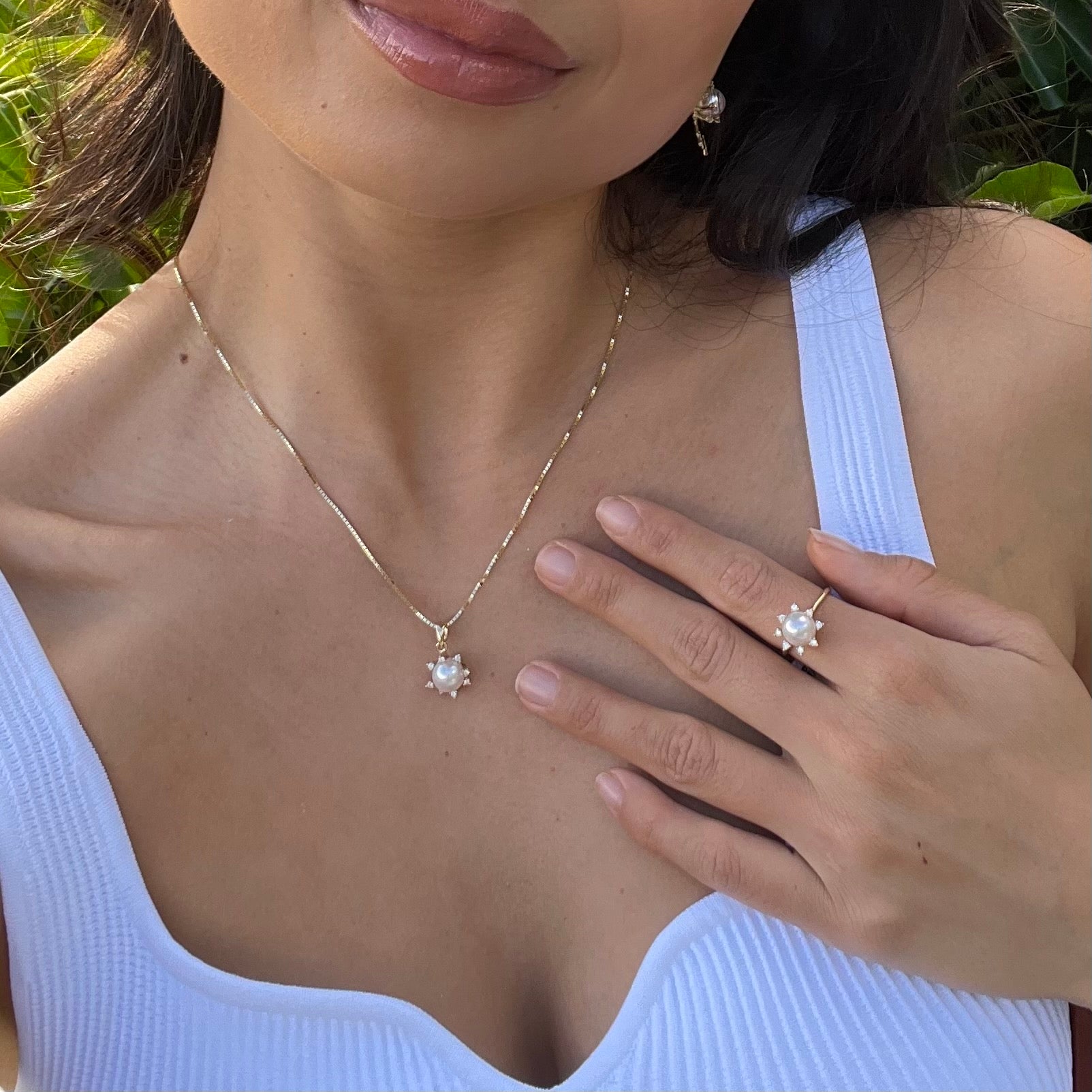 Protea Akoya Pearl Pendant in Gold with Diamonds - 8mm - Model Photo