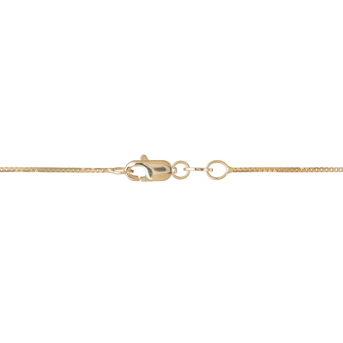 A close-up of a 14k yellow gold box chain showing the lobster clasp against a plain white background