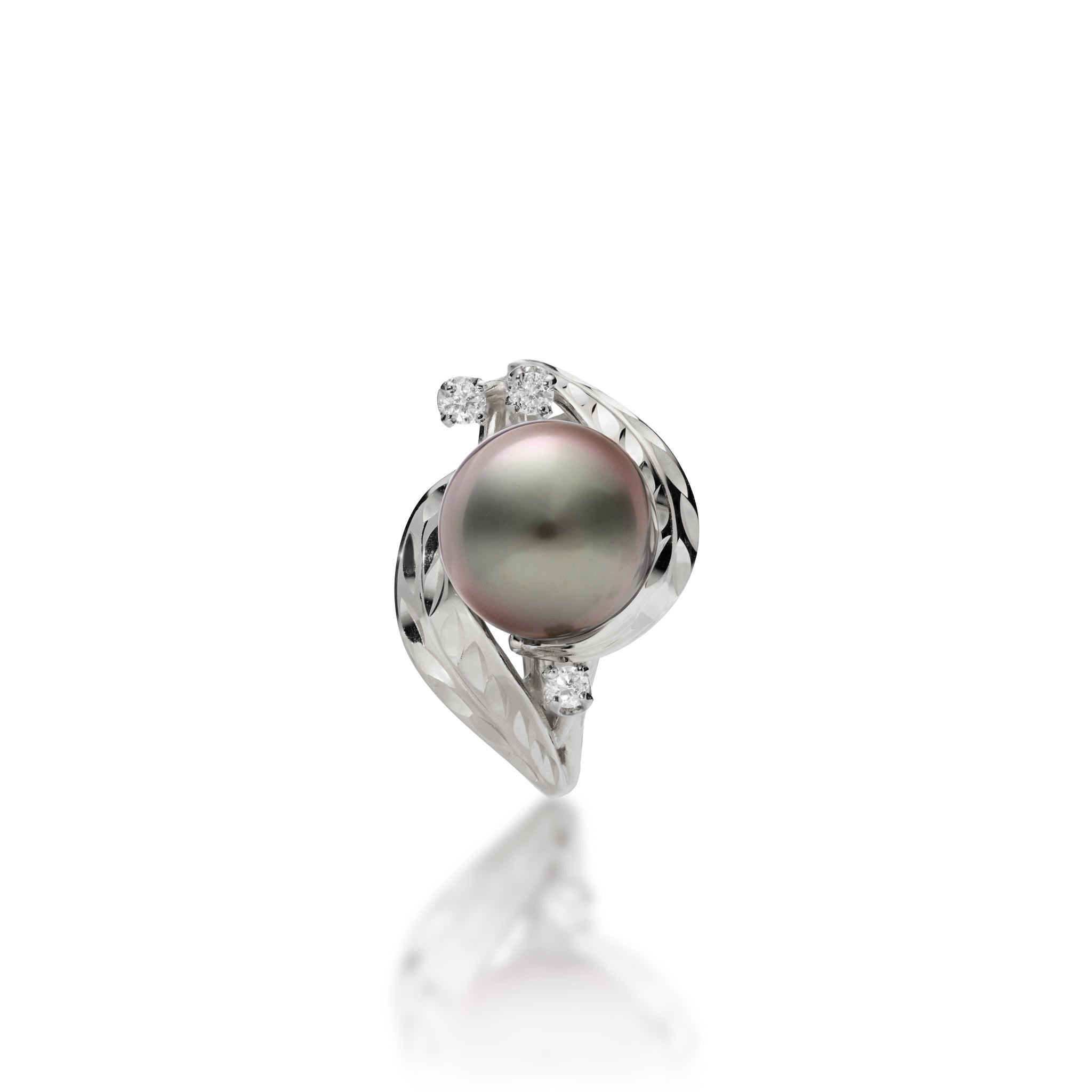 Top view of the Maile Leaf Tahitian Black Pearl Ring in 14k White Gold with Diamonds on a white background
