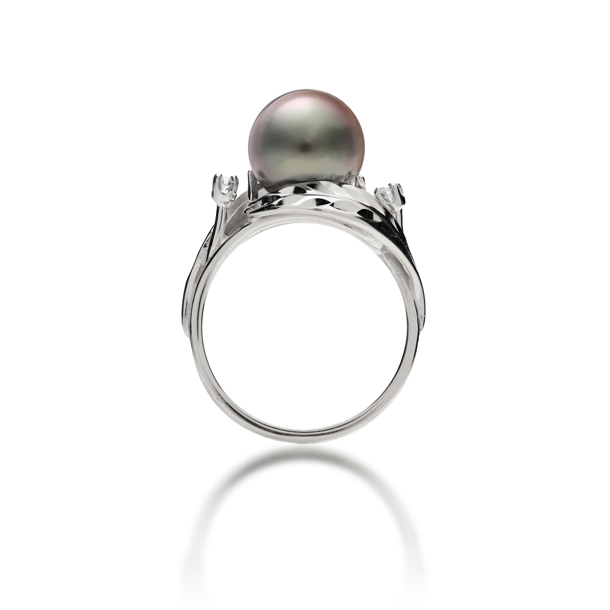 Side view of the Maile Leaf Tahitian Black Pearl Ring in 14k White Gold with Diamonds on a white background