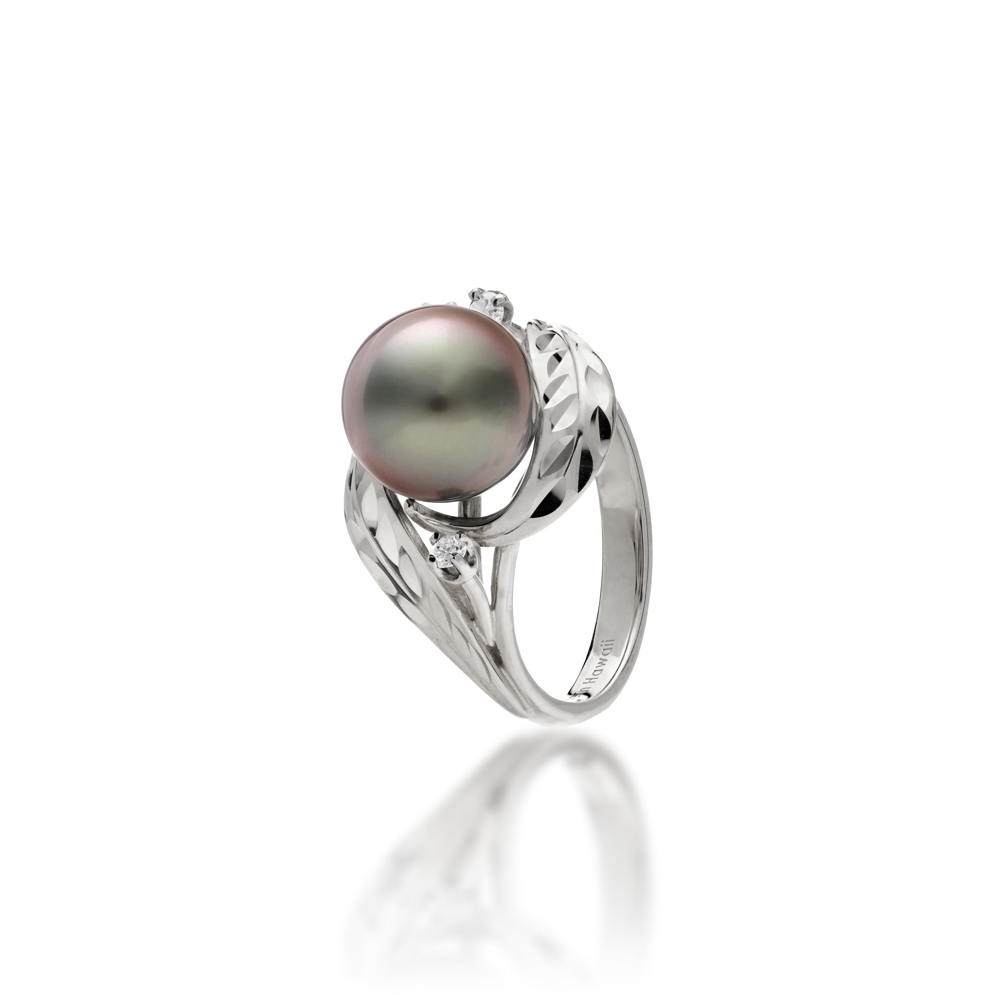 Maile Leaf Tahitian Black Pearl Ring in 14k White Gold with Diamonds on a white background