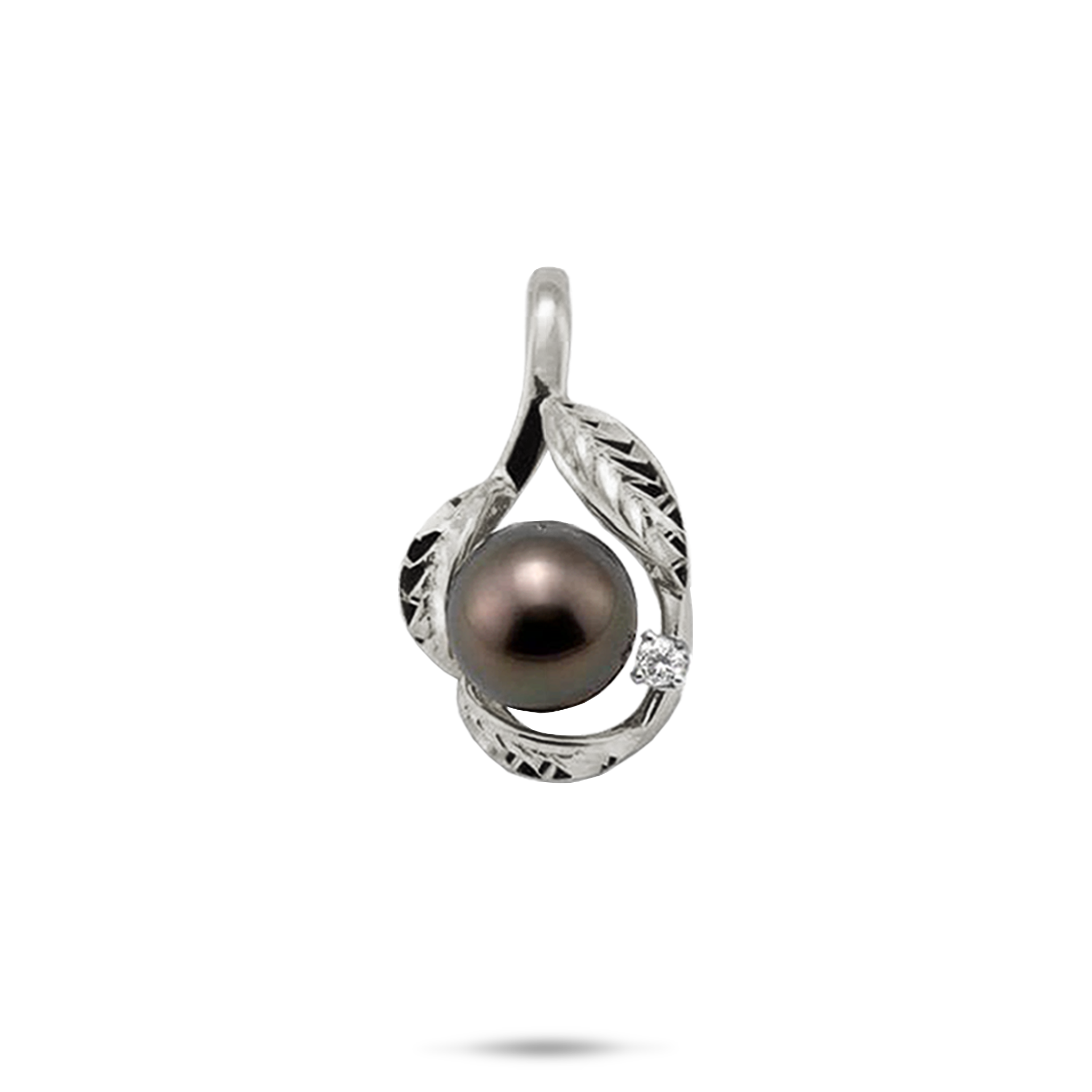 Maile Tahitian Black Pearl Pendant in White Gold with Diamond -9-10mm
