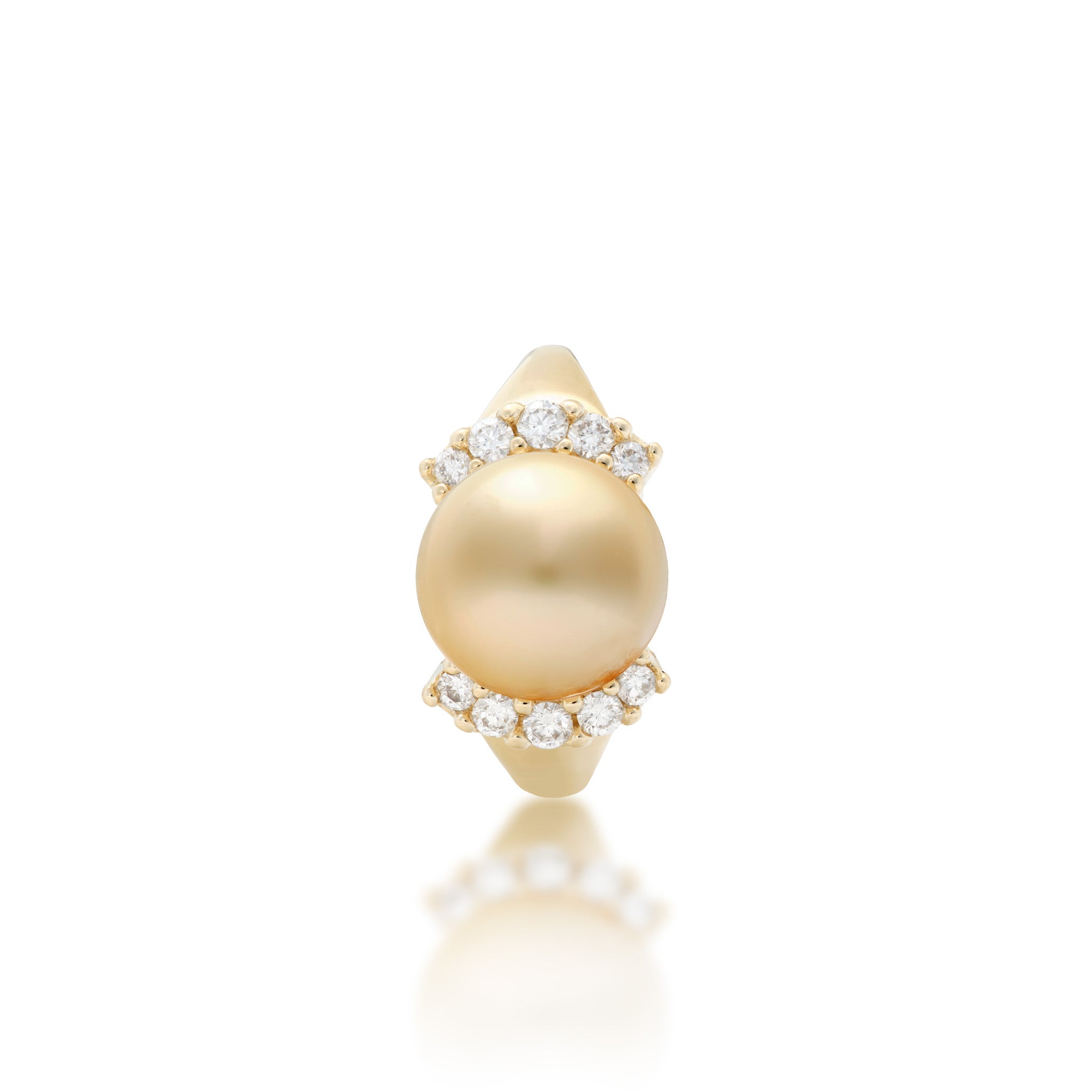 Top view of a 12-13mm South Sea Gold Pearl and Diamond Ring in 14k Yellow Gold on a White Background
