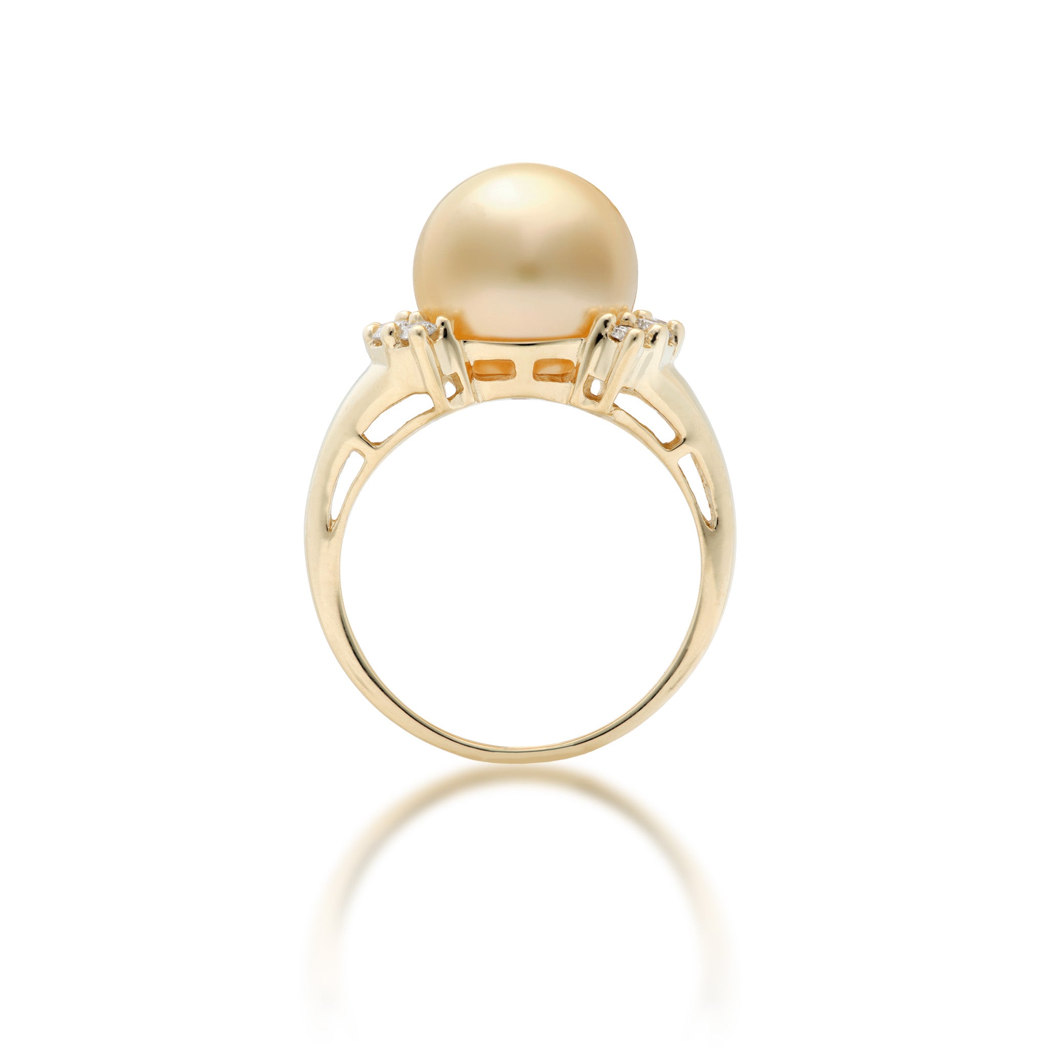 Side view of a 12-13mm South Sea Gold Pearl and Diamond Ring in 14k Yellow Gold on a White Background