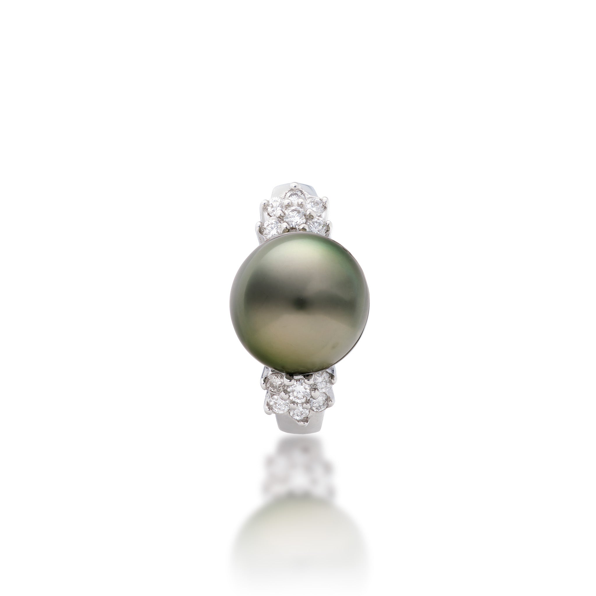 Top view of the 11-12mm Tahitian Black Pearl Ring in 14k White Gold with Diamonds on a white background