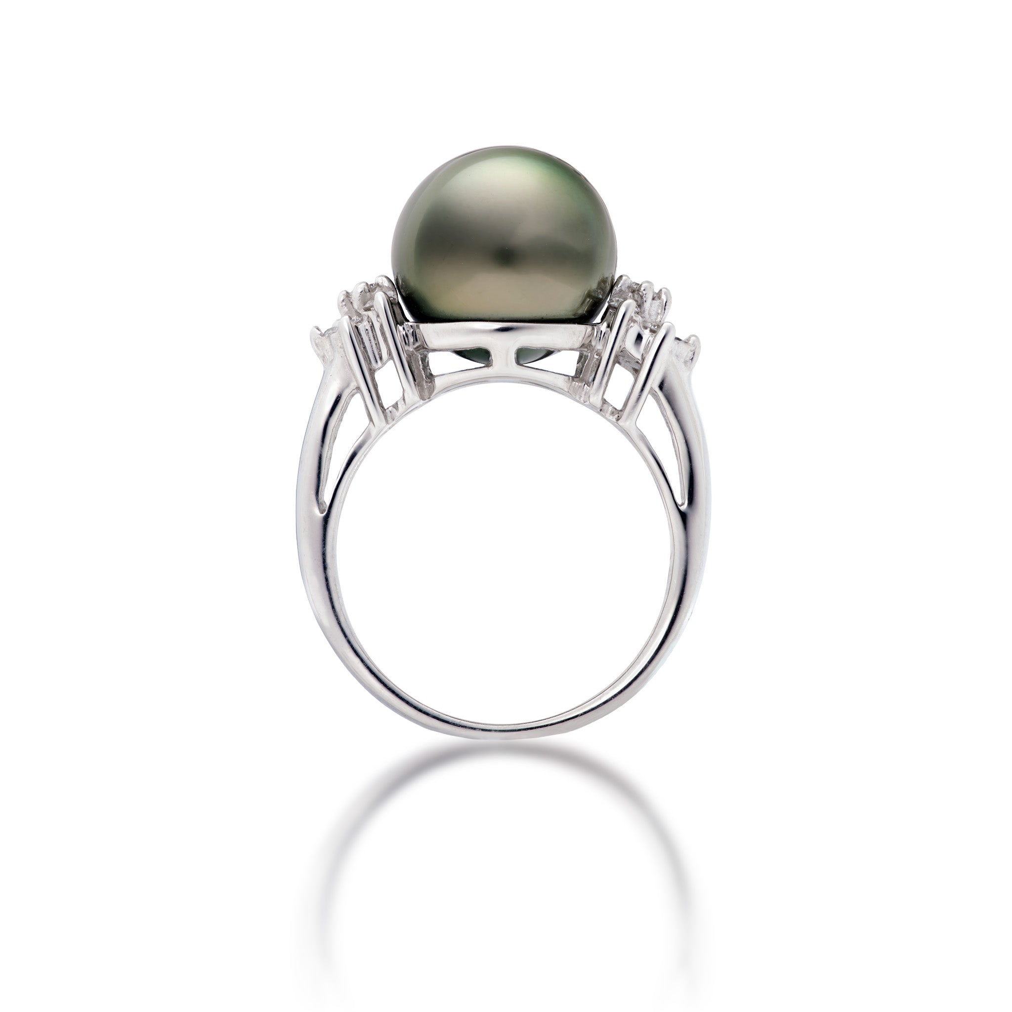 Side view of the 11-12mm Tahitian Black Pearl Ring in 14k White Gold with Diamonds on a white background