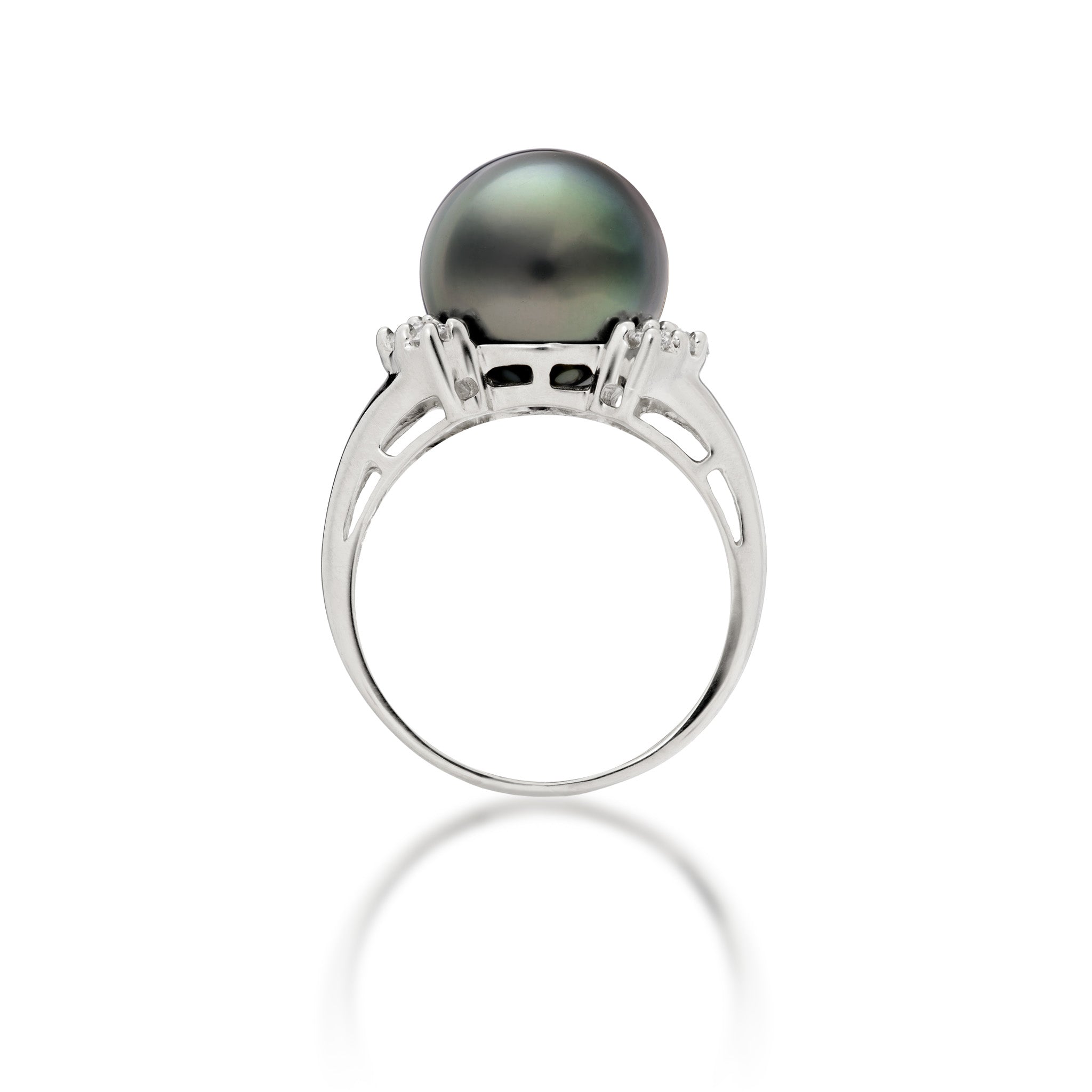 Side view of a 13-14mm Tahitian Black Pearl Ring in White Gold with Diamonds on a white background