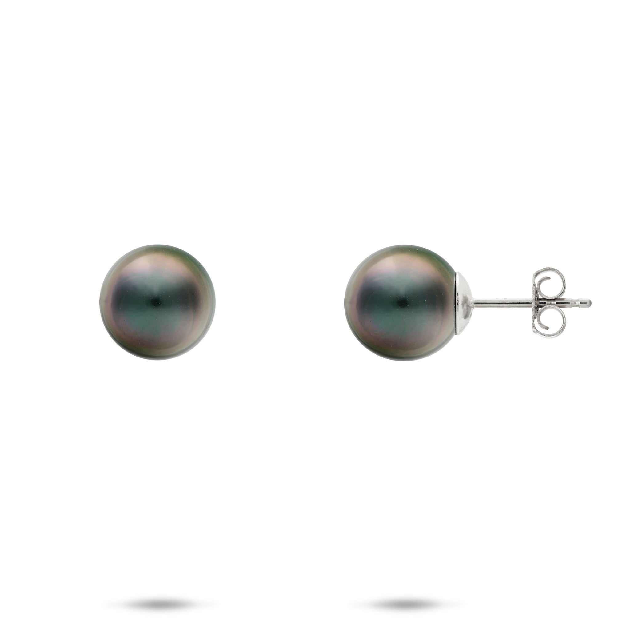 9-10mm Tahitian Black Pearl Stud Earrings in 14k White Gold on a white background