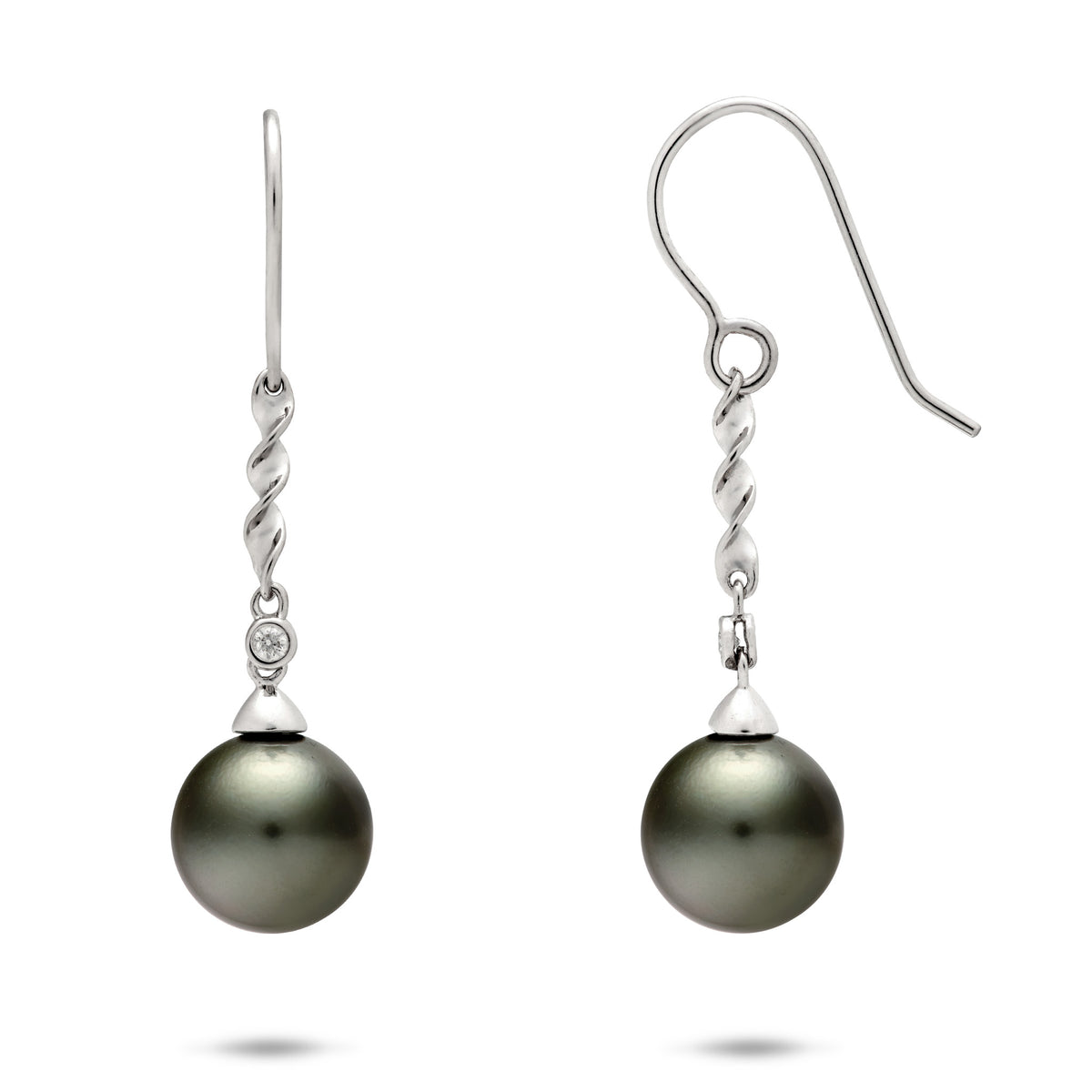 Dangle Shepherd's Hook Tahitian Black Pearl Earrings in White Gold with Diamonds - 9-10mm
