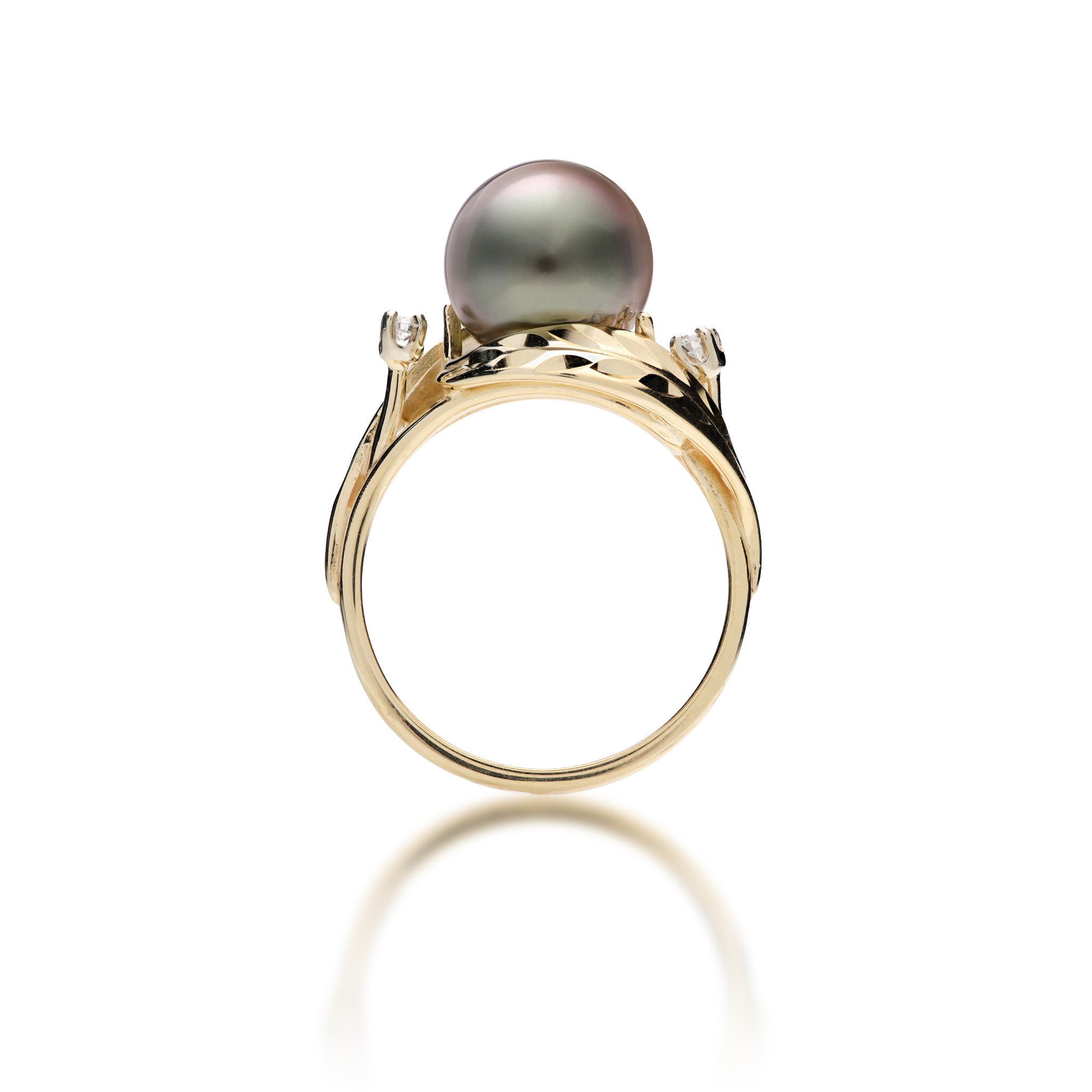Side view of the Maile Leaf Tahitian Black Pearl Ring in 14k Yellow Gold with Diamonds on a white background