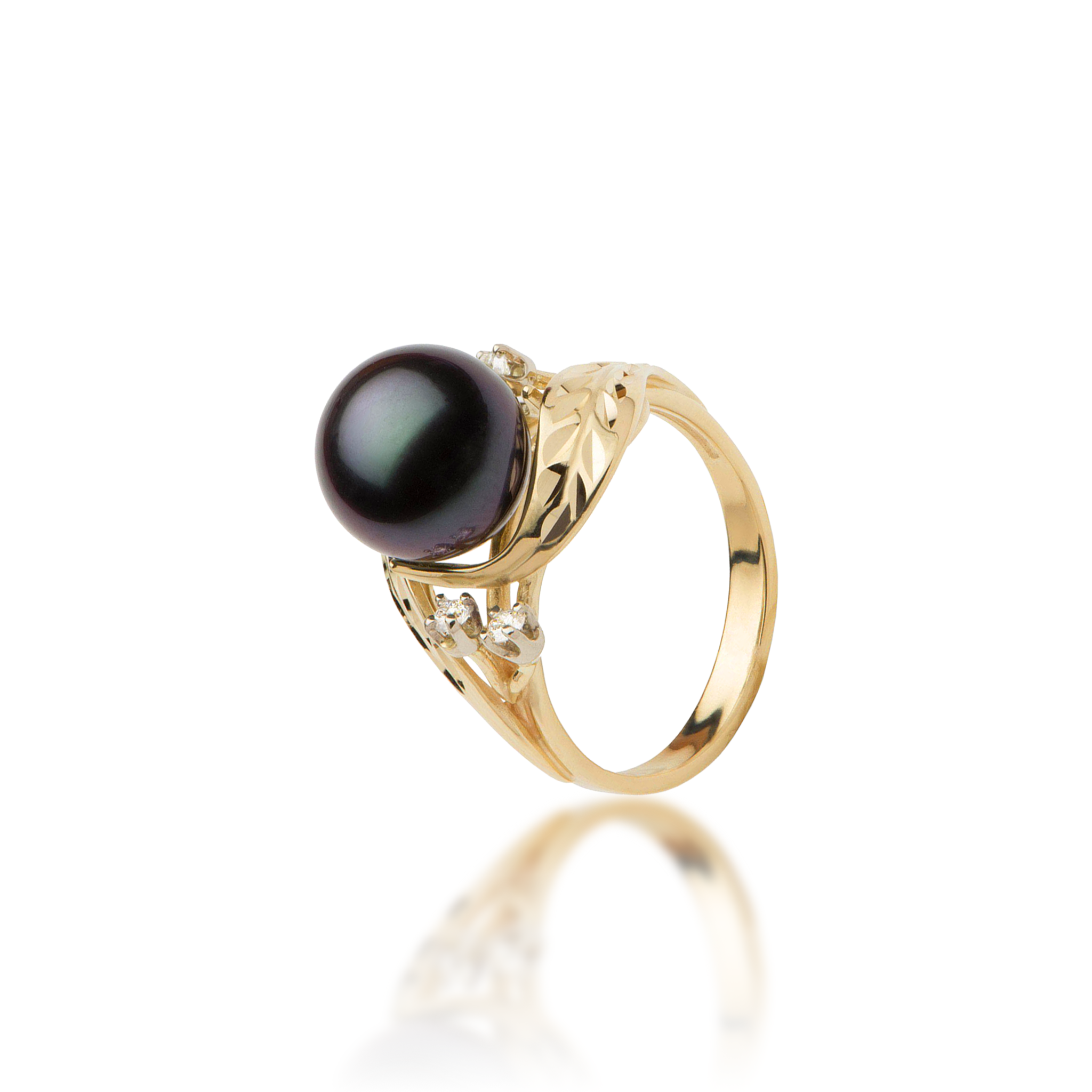 Maile Tahitian BlackPearl Ring in Gold with Diamonds -9-10mm