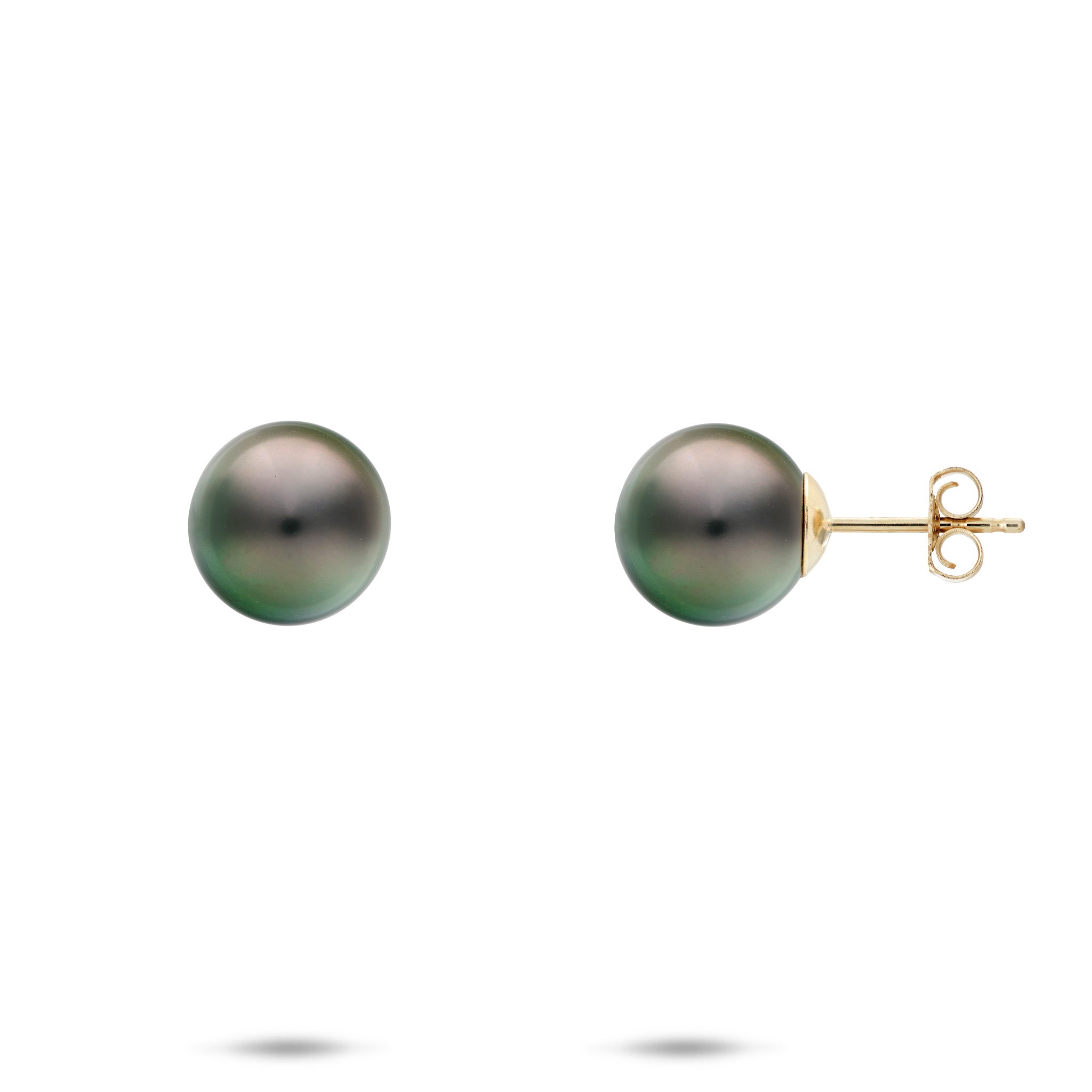 9-10mm Tahitian Black Pearl Stud Earrings in 14k Yellow Gold on a white background