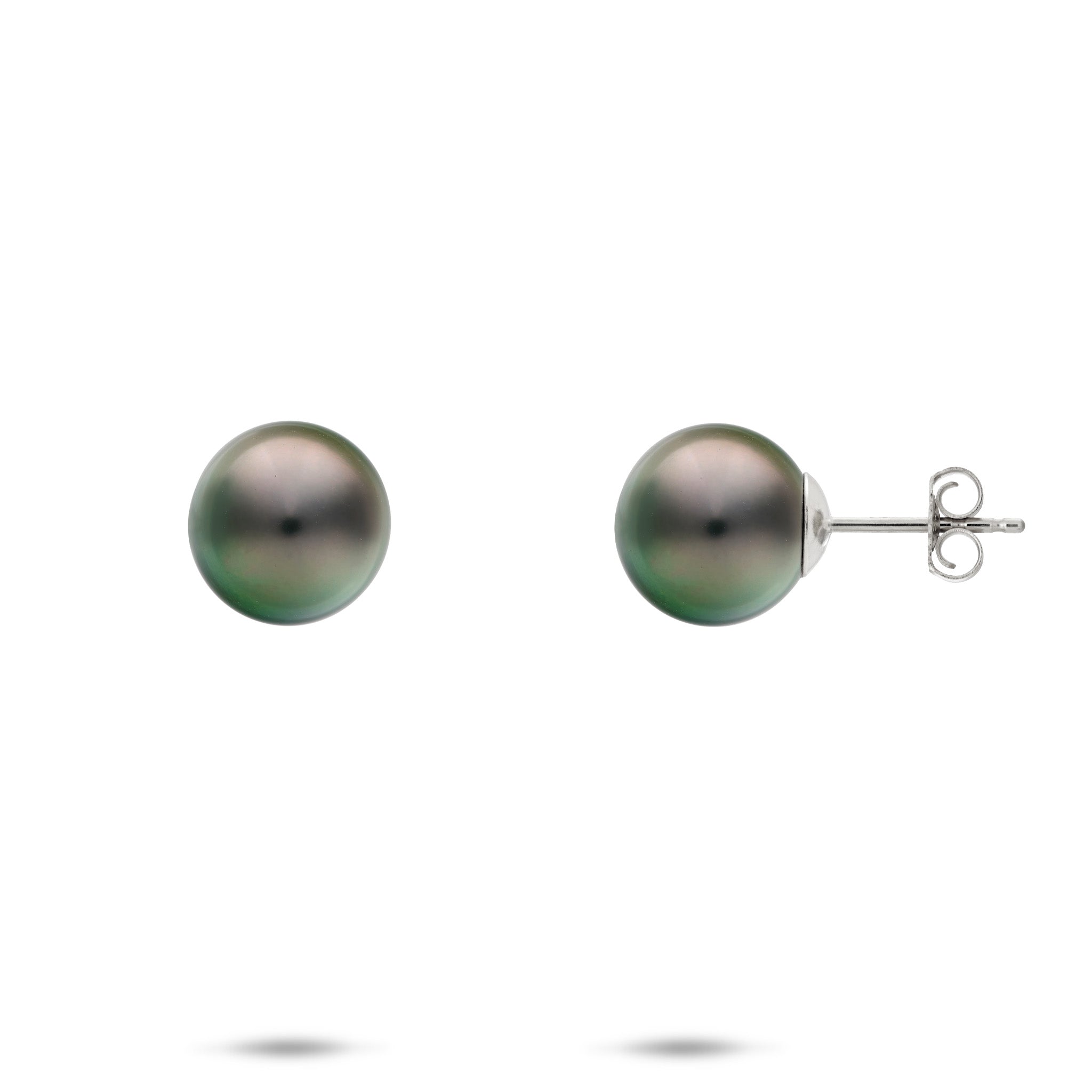 9-10mm Tahitian Black Pearl Stud Earrings in 14k White Gold on a white background