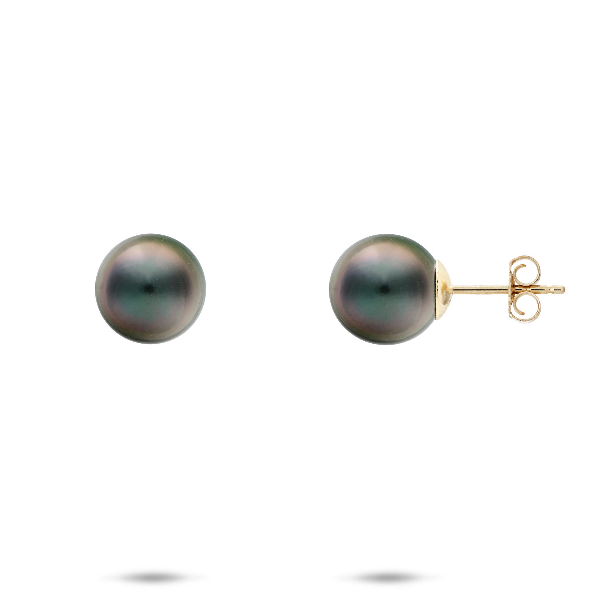 9-10mm Tahitian Black Pearl Stud Earrings in 14k Yellow Gold on a white background
