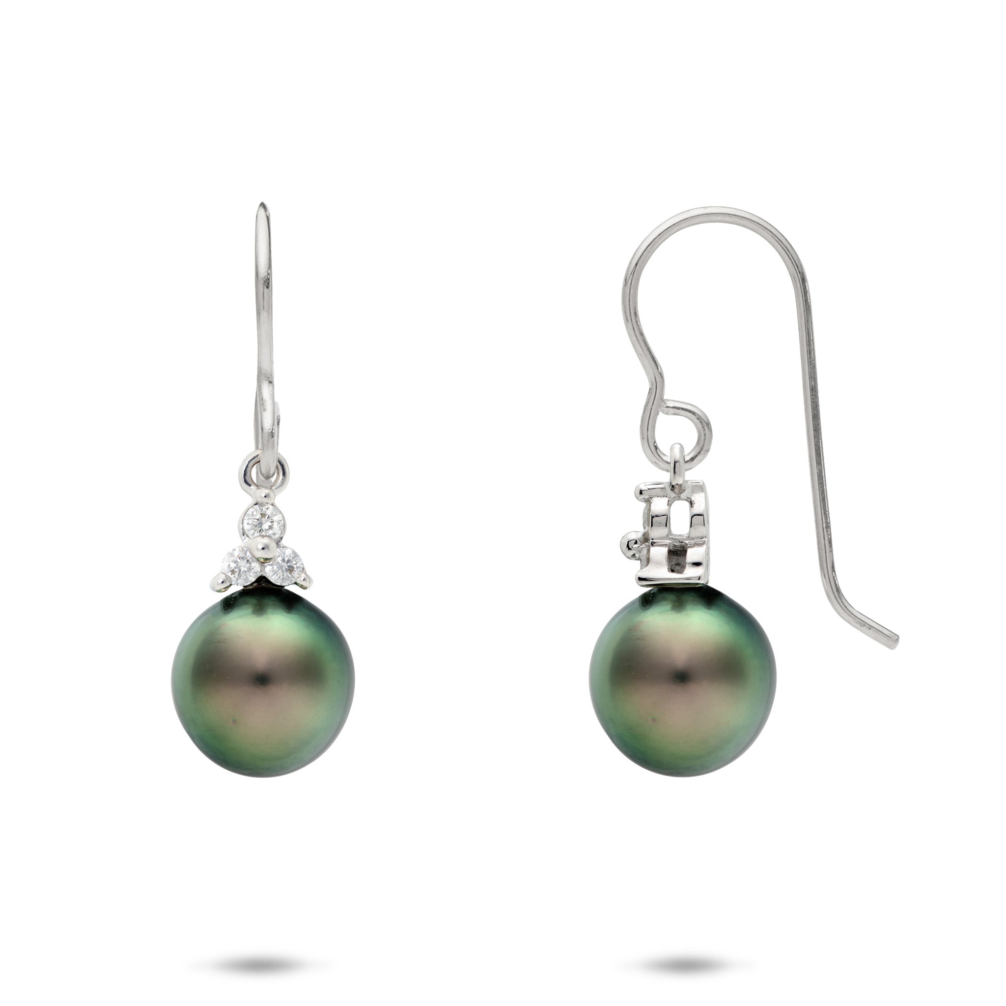 9-10mm Tahitian Black Pearl Shepherdʻs Hook Earrings in 14k White Gold with Diamonds on a white background