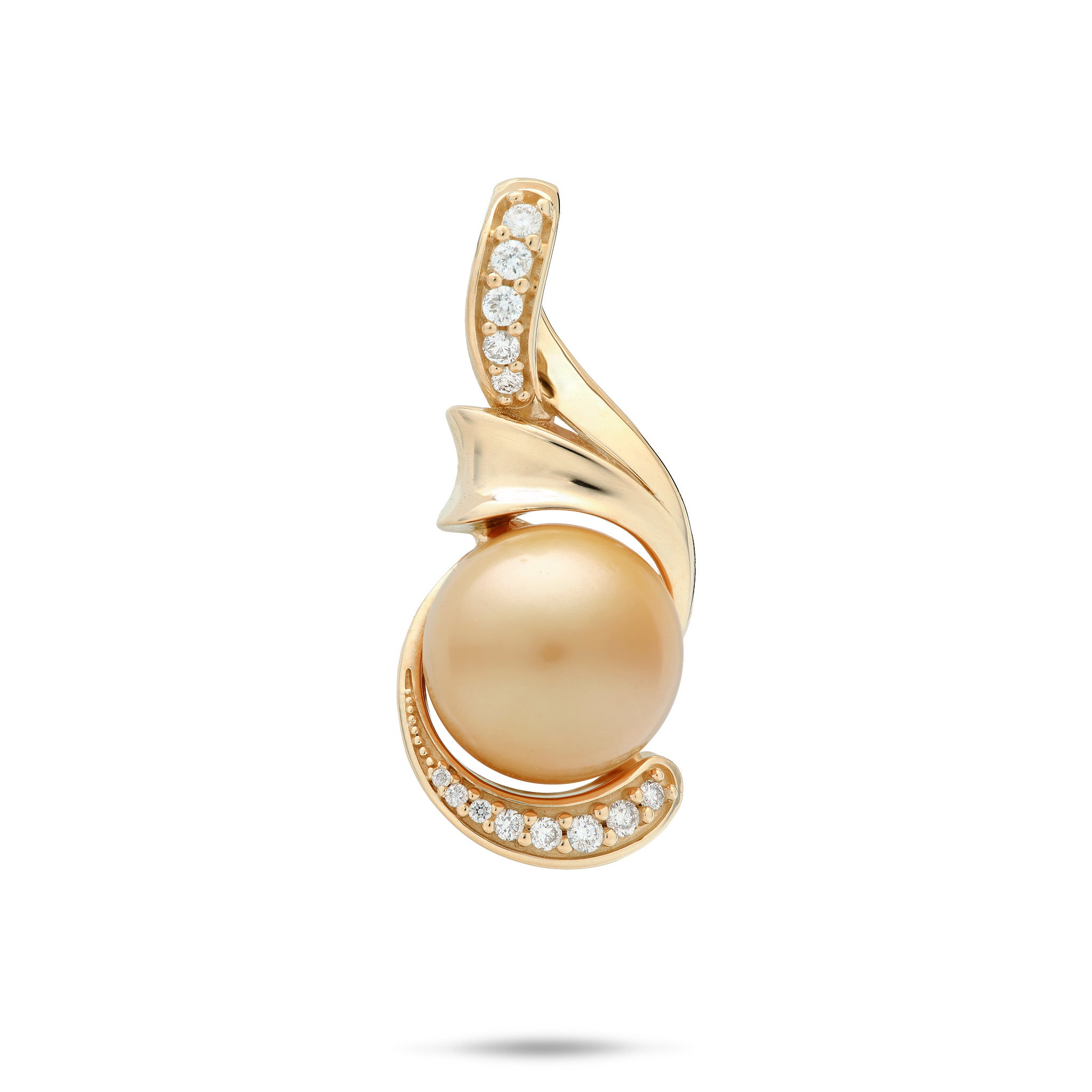 A 14k yellow gold pendant featuring a central South Sea Golden pearl surrounded by curved gold settings with diamonds at the top and bottom, shown on a clean white background.