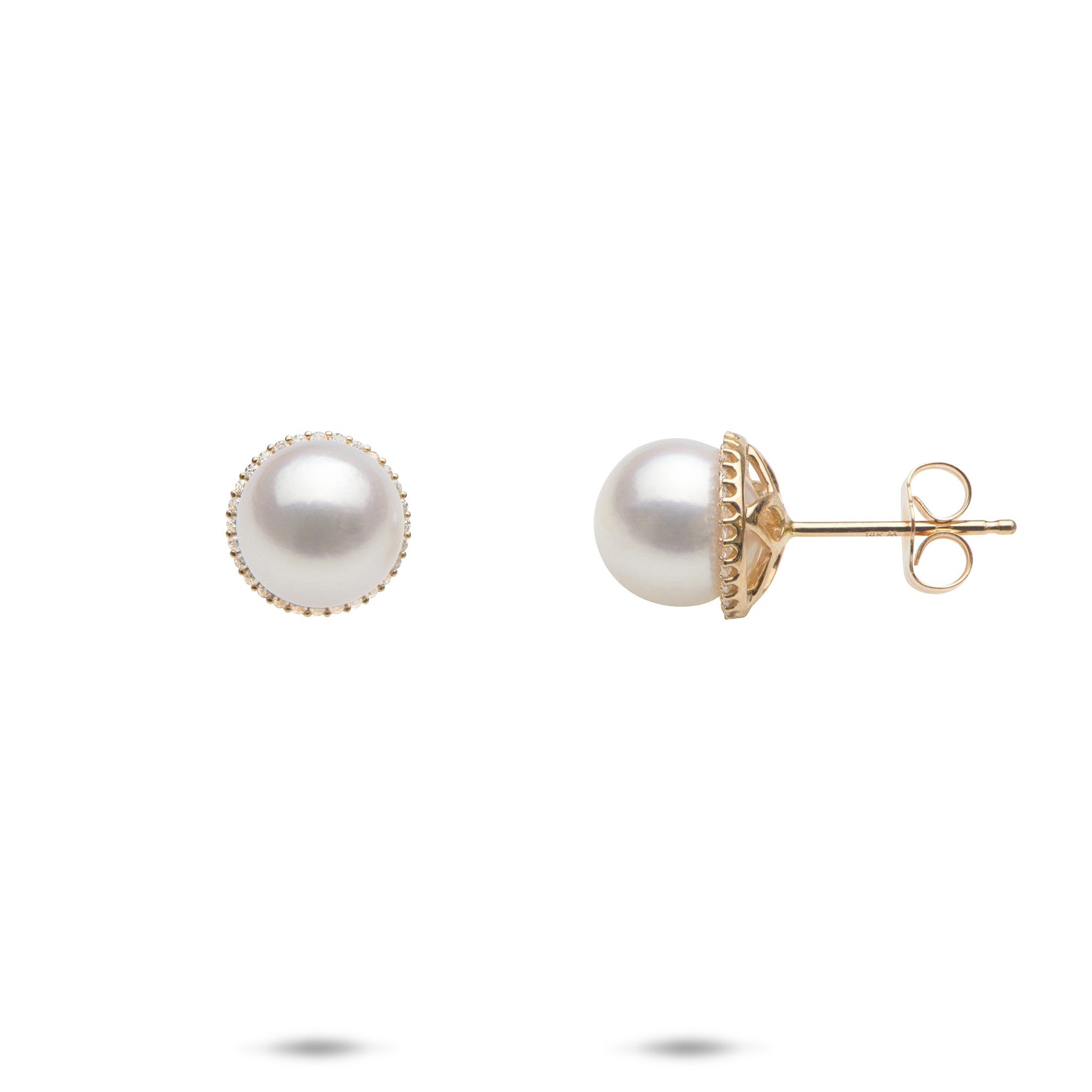 ダイヤモンドと金のHalo Akoya Pearlイヤリング -  8-8.5mm