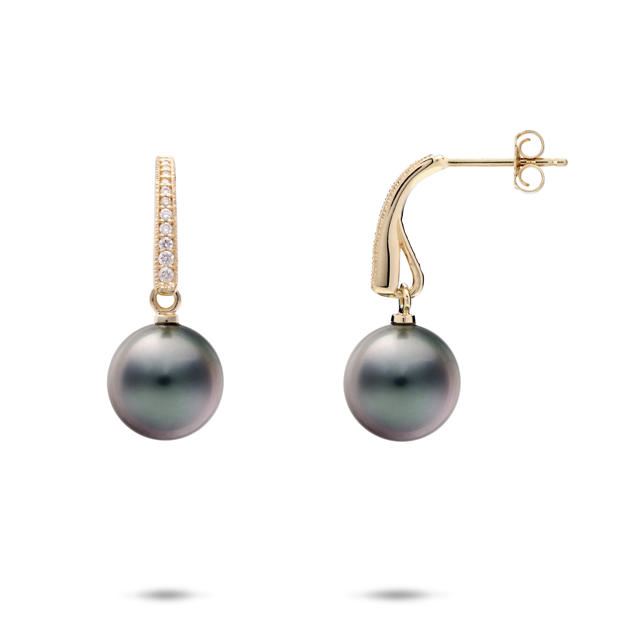 9-10mm Tahitian Black Pearl Drop Stud Earrings in 14k Yellow Gold with Diamonds on a white background