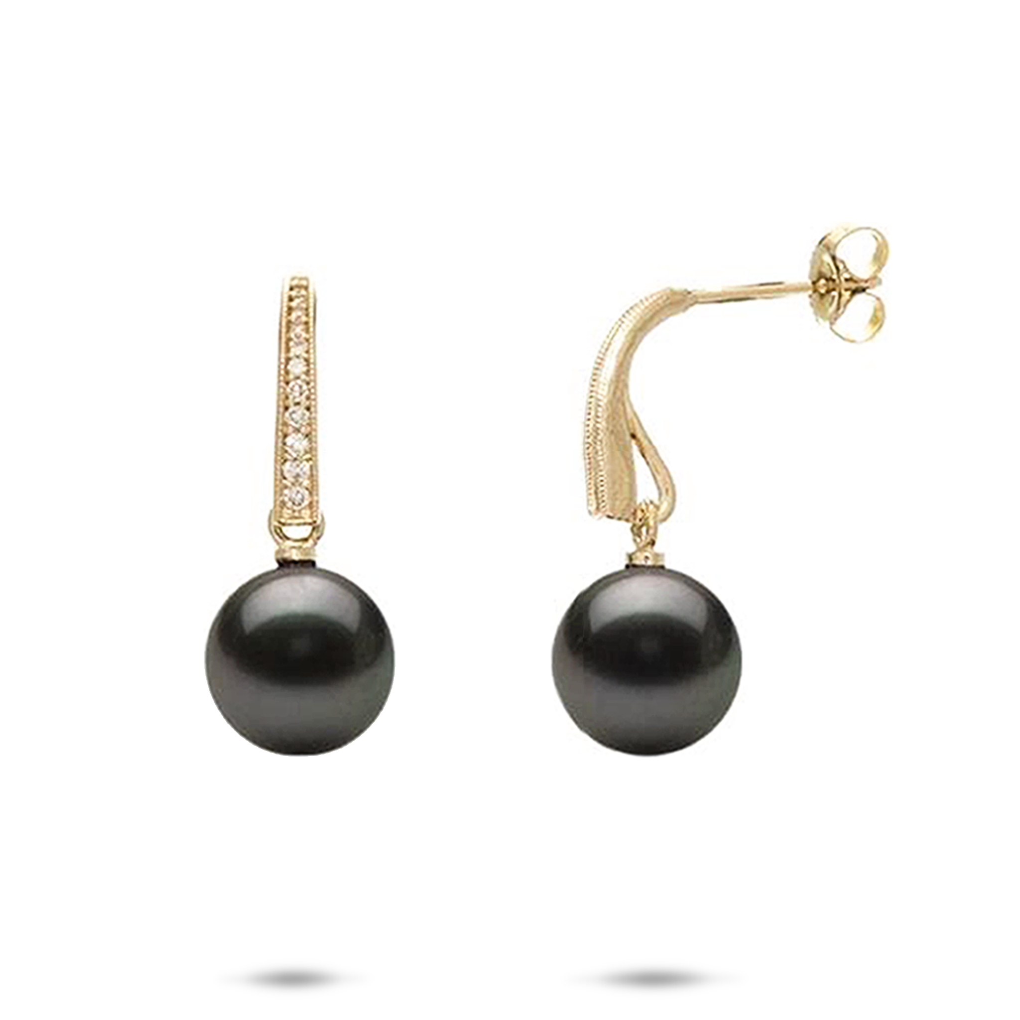 ダイヤモンドと金のタヒチの黒真珠のイヤリング -  9-10mm
