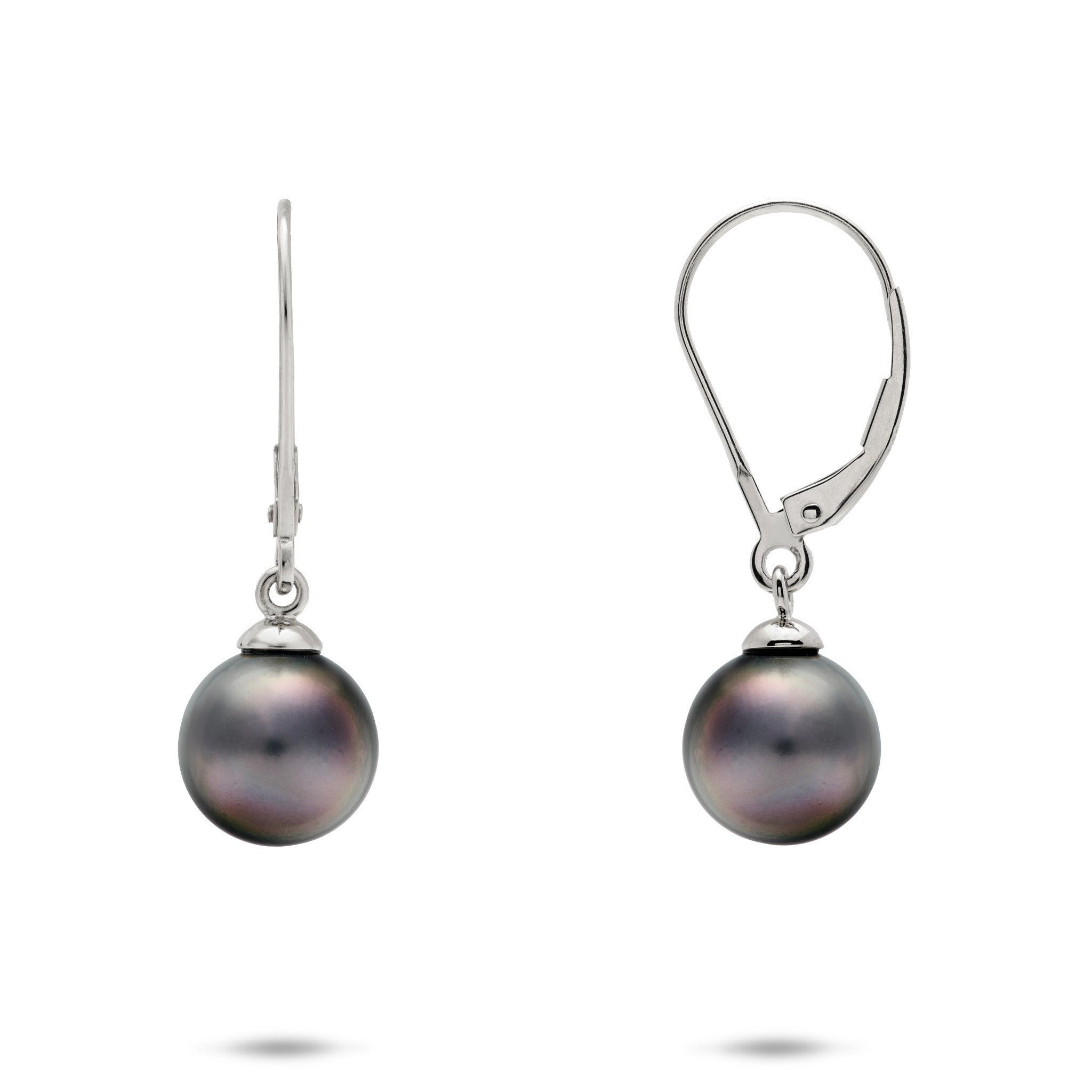 9-10mm Tahitian Black Pearl Leverback Earrings in 14k White Gold on a white background