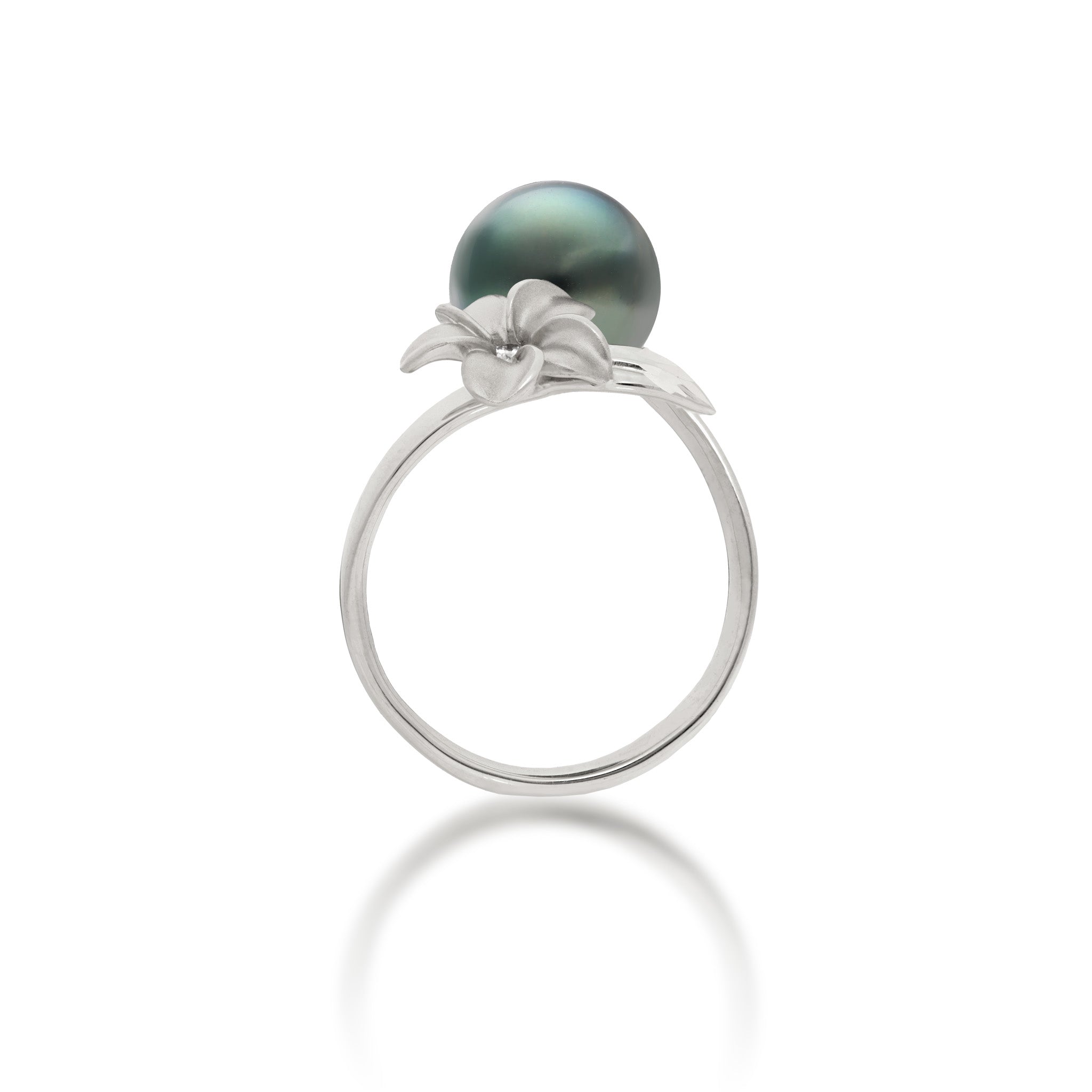 Side view of a 14k White Gold Plumeria Ring with a Tahitian Black Pearl and Diamond-accent on a white background