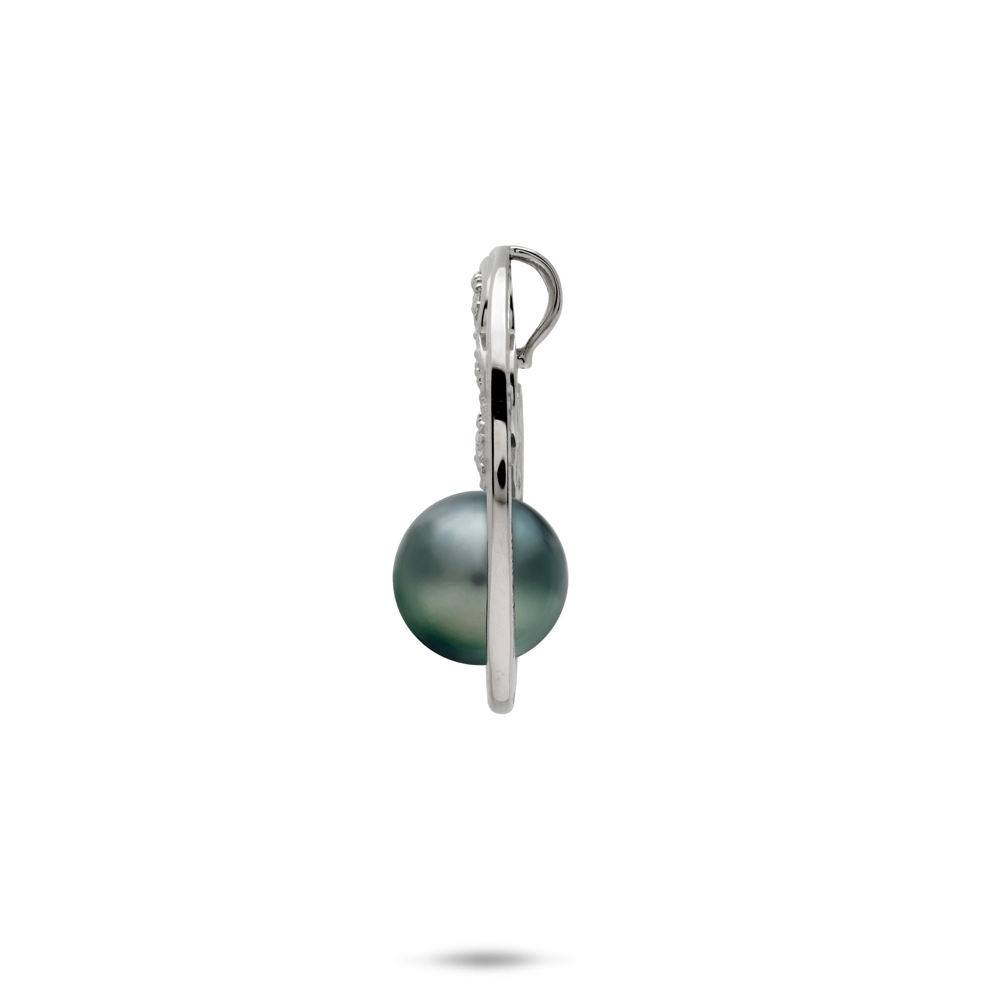 Side view of a 24mm Diamond and 9-10mm Tahitian Black Pearl Ocean Wave Pendant in 14k White Gold on a white background