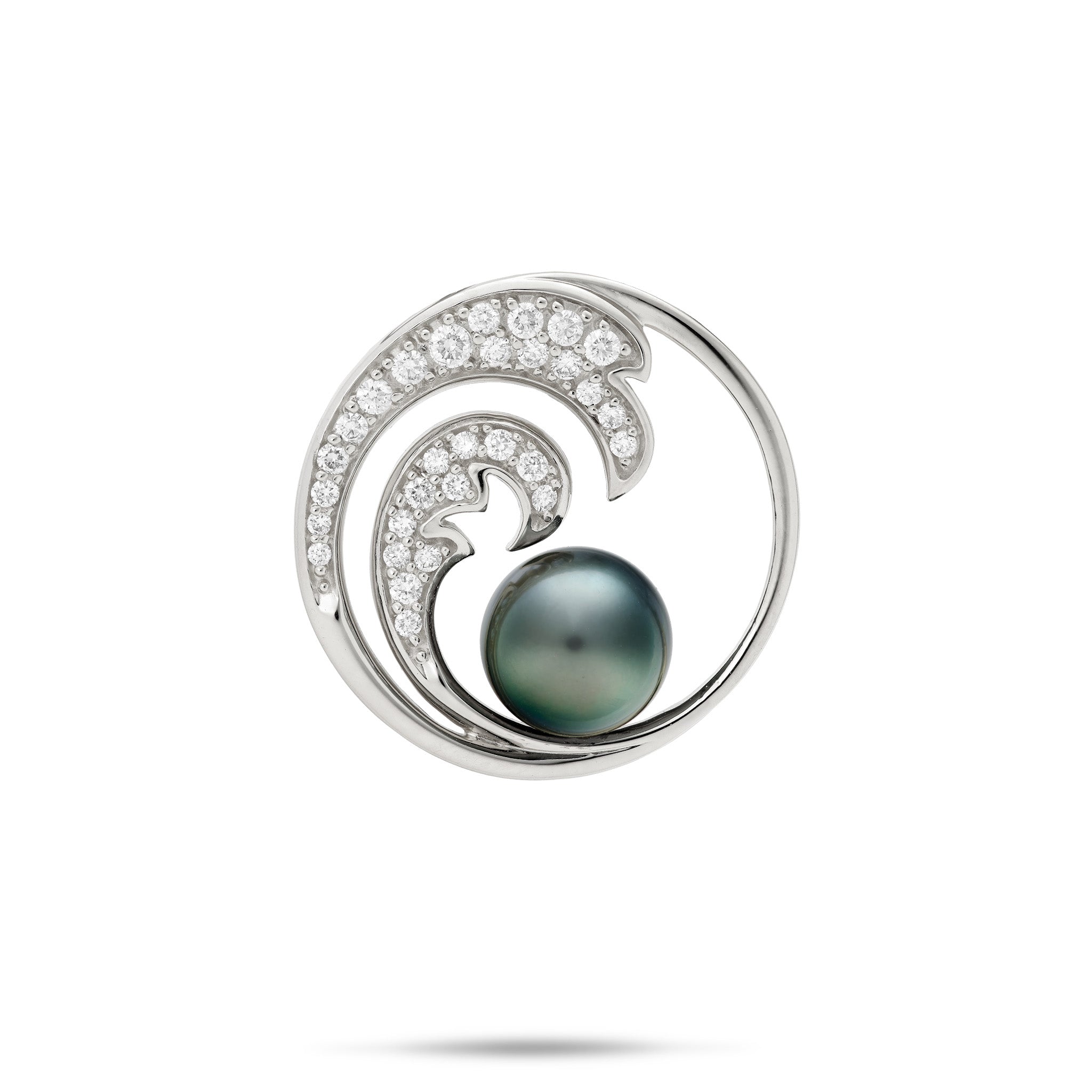24mm Diamond and 9-10mm Tahitian Black Pearl Ocean Wave Pendant in 14k White Gold on a white background