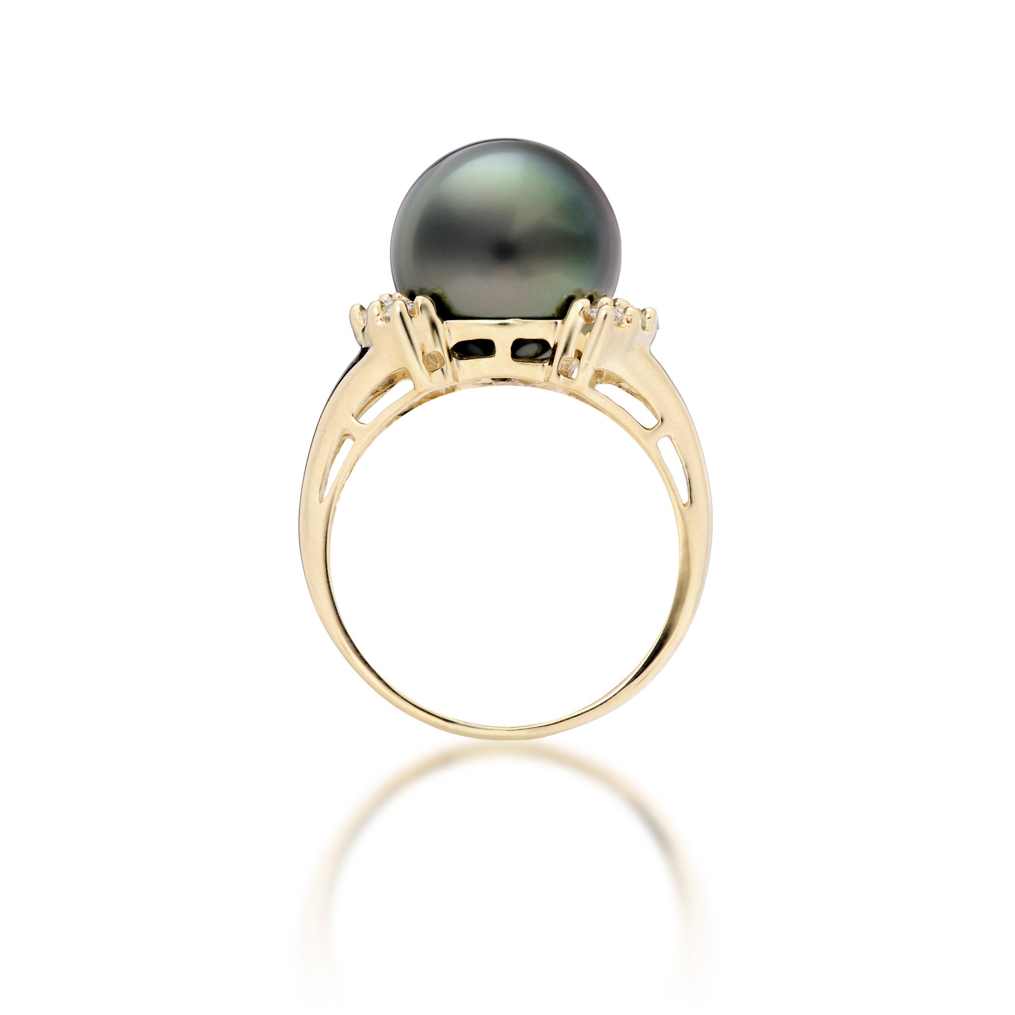 Side view of a 12-13mm Tahitian Black Pearl Ring in 14k Yellow Gold with Diamonds on a white background