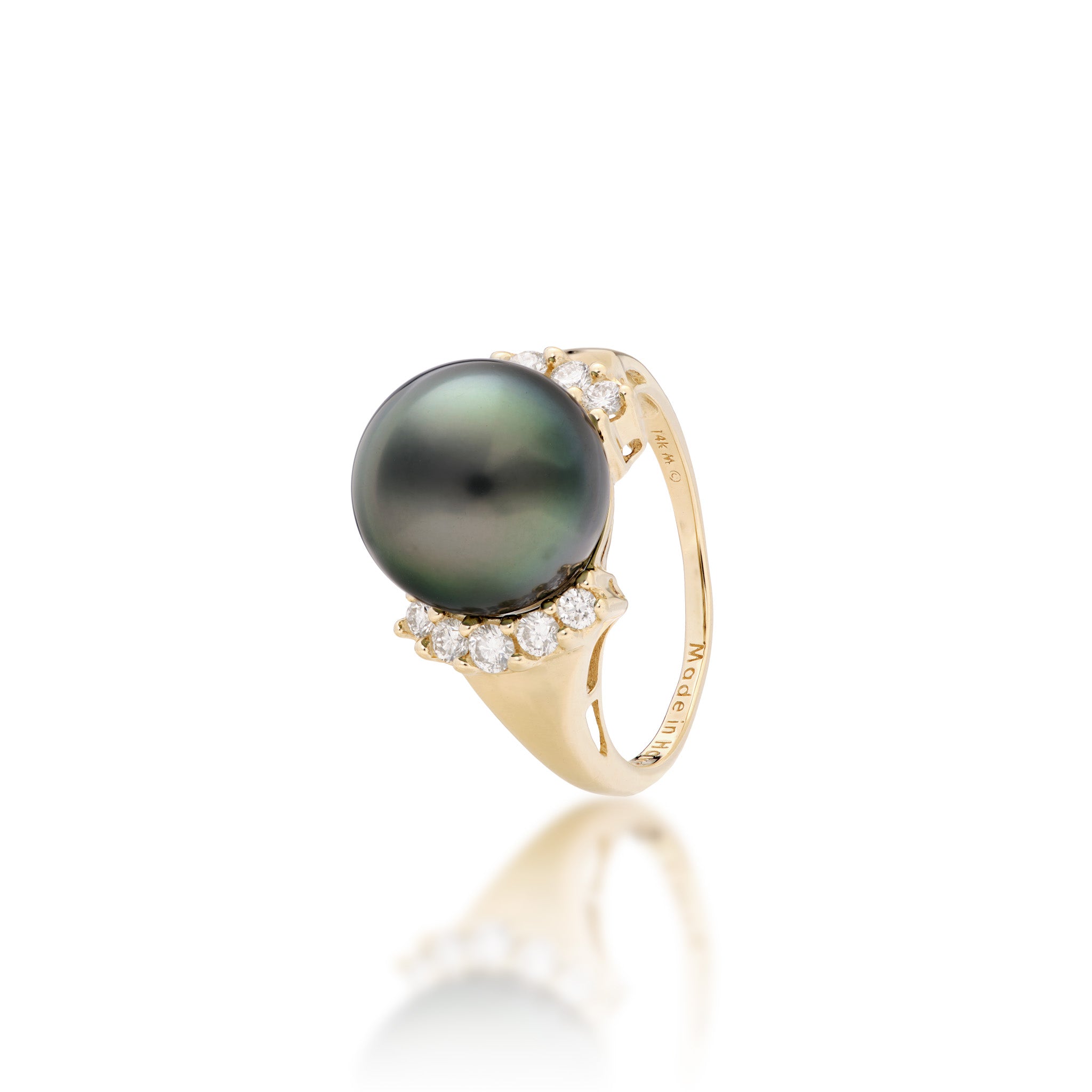 Angle view of a 12-13mm Tahitian Black Pearl Ring in 14k Yellow Gold with Diamonds on a white background