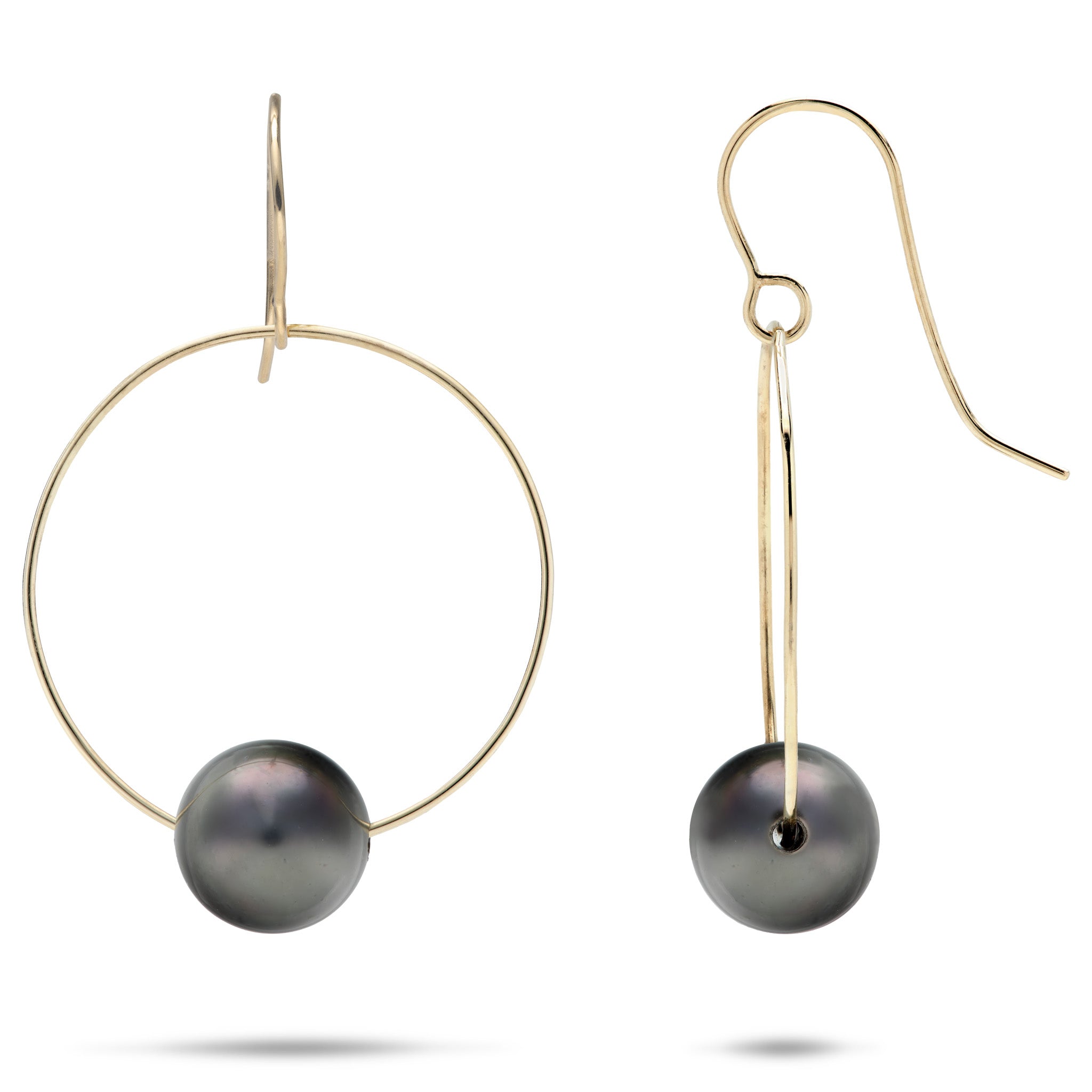 9-10mm Tahitian Black Pearl Hoop, Shepherd's Hook Earrings in 14k Yellow Gold on a white background