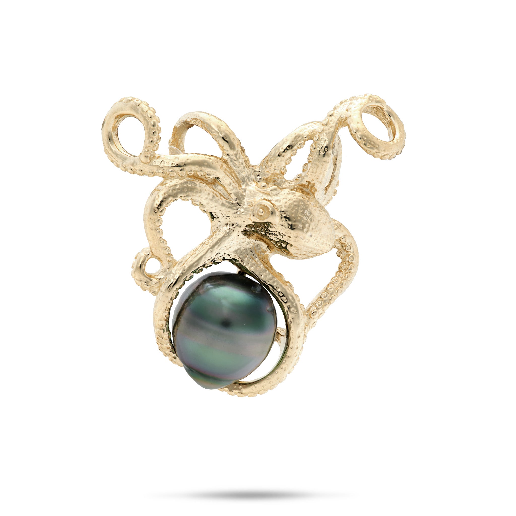 10-11mm Tahitian Black Pearl Heʻe (Octopus) Pendant in 14k Yellow Gold on a white background