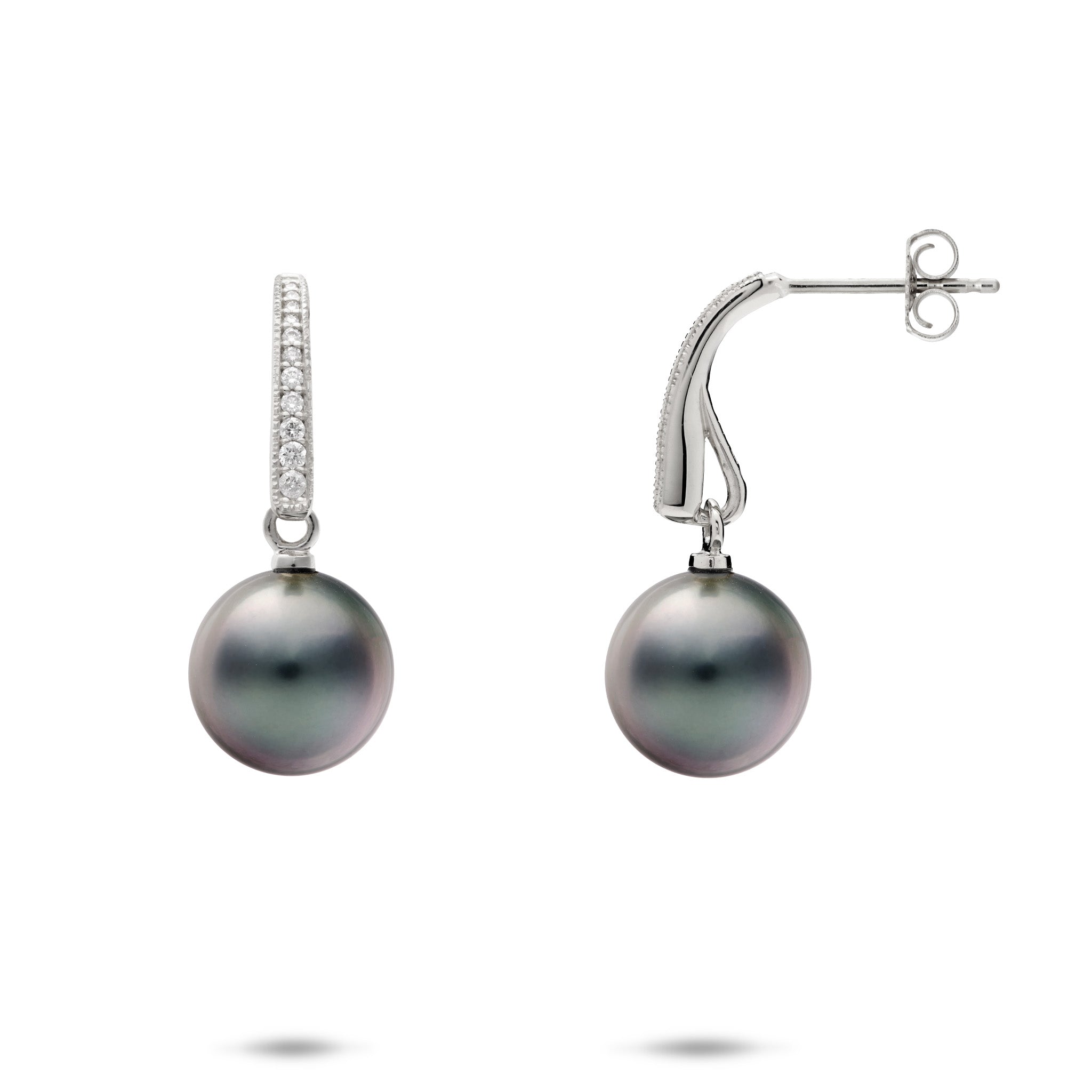 9-10mm Tahitian Black Pearl Drop Stud Earrings in 14k White Gold with Diamonds on a white background