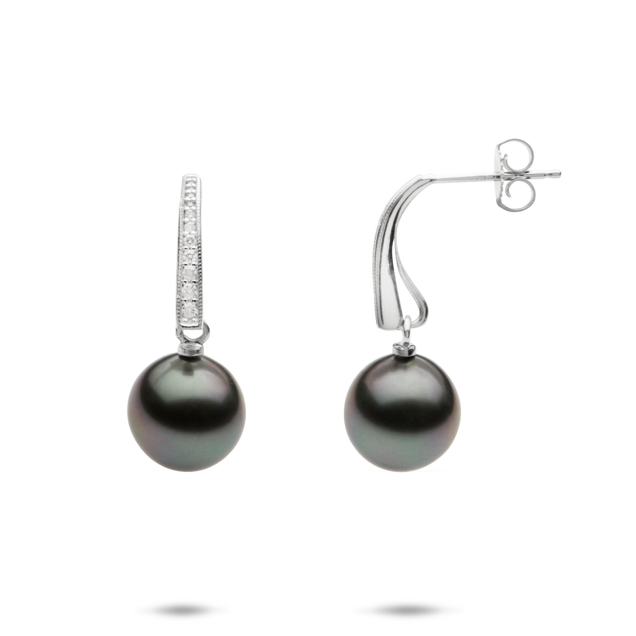 ダイヤモンドと白金のタヒチの黒い真珠のイヤリング -  9-10mm