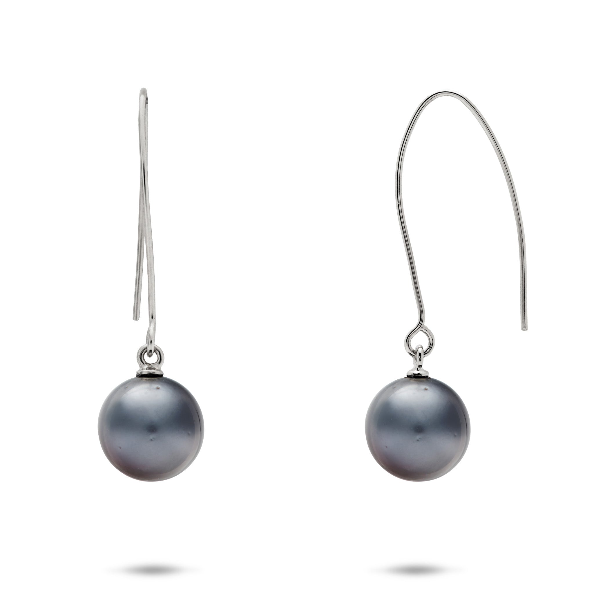 9-10mm Tahitian Black Pearl Shepherd's Hook Earrings in 14k White Gold on a white background
