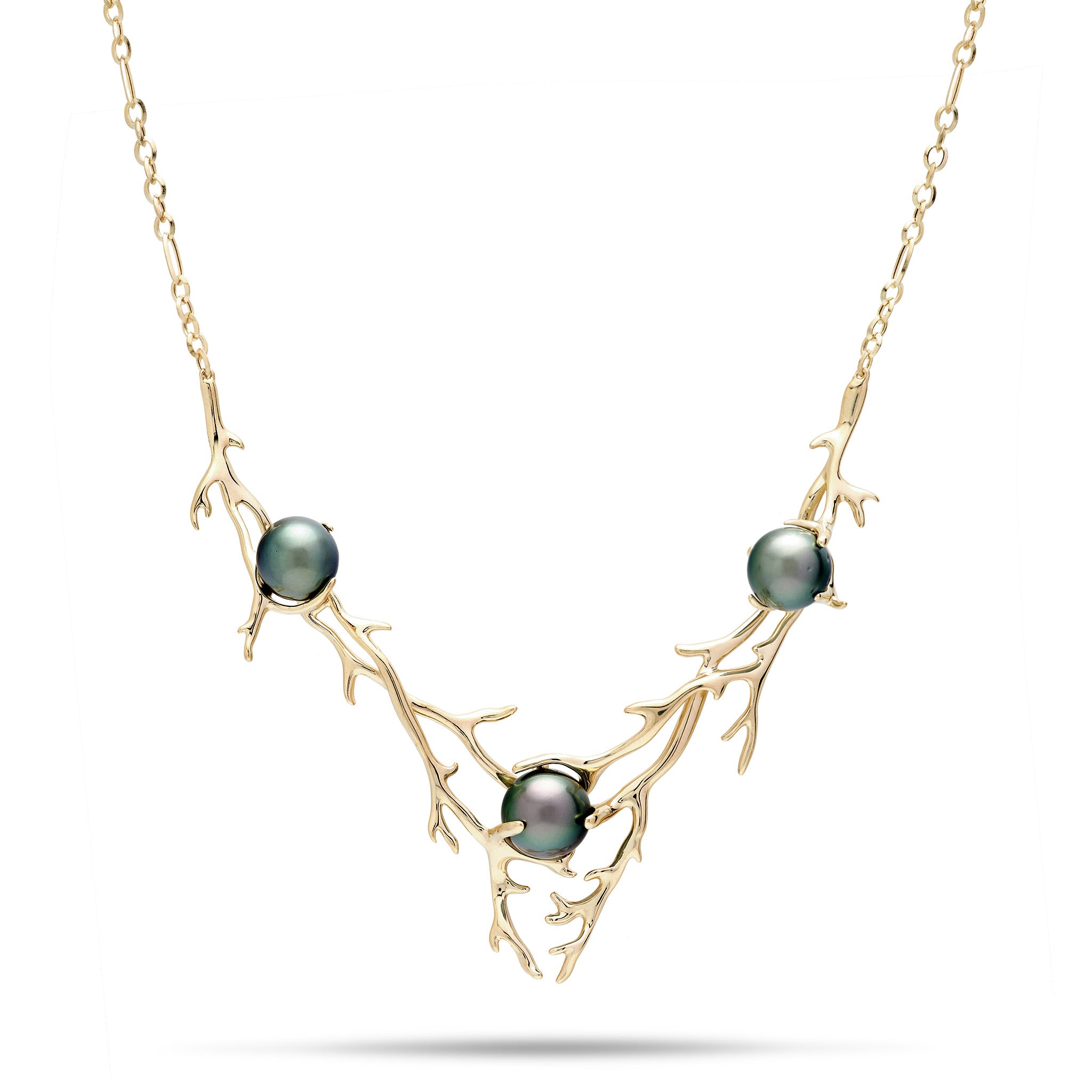 Heritage Collection Hawaiian Coral Branch-Inspired Necklace with three Tahitian pearls in 14k Yellow Gold on a white background