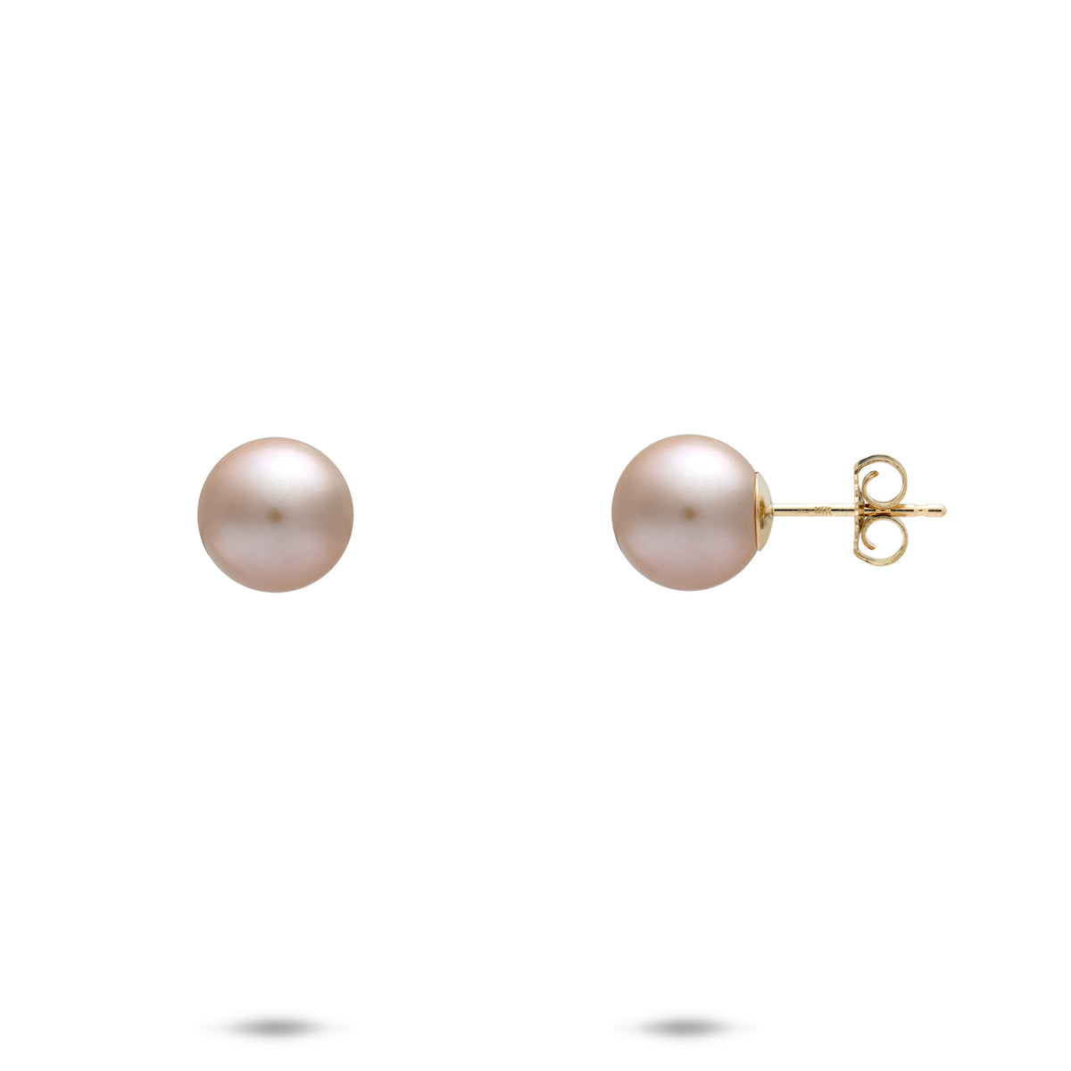 7-8mm Freshwater Pearl Stud Earrings with 14k Yellow Gold posts and backing, placed on a white background