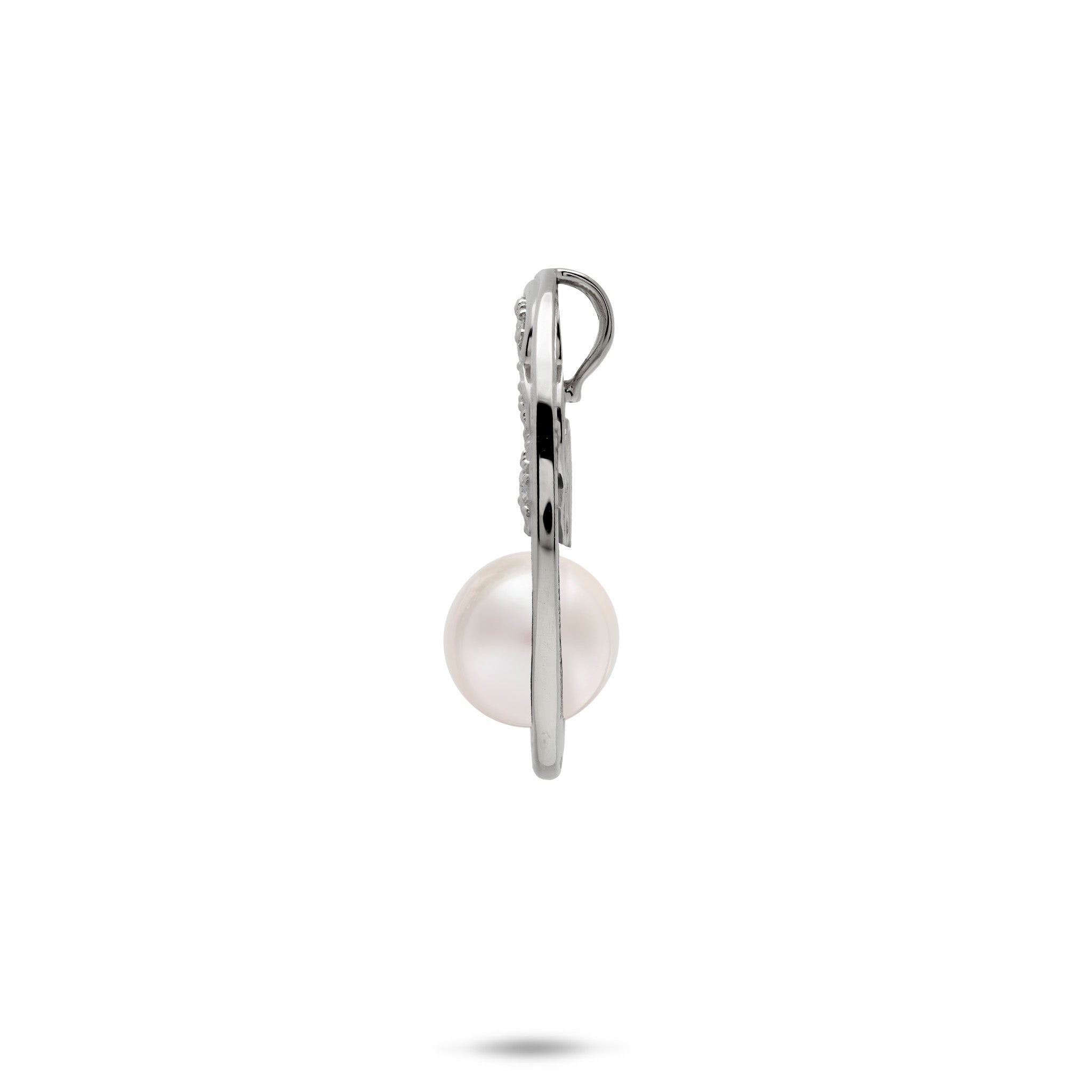 Side view of a 24mm Ocean Wave Diamond and Akoya White Pearl Pendant in 14k White Gold on a white background