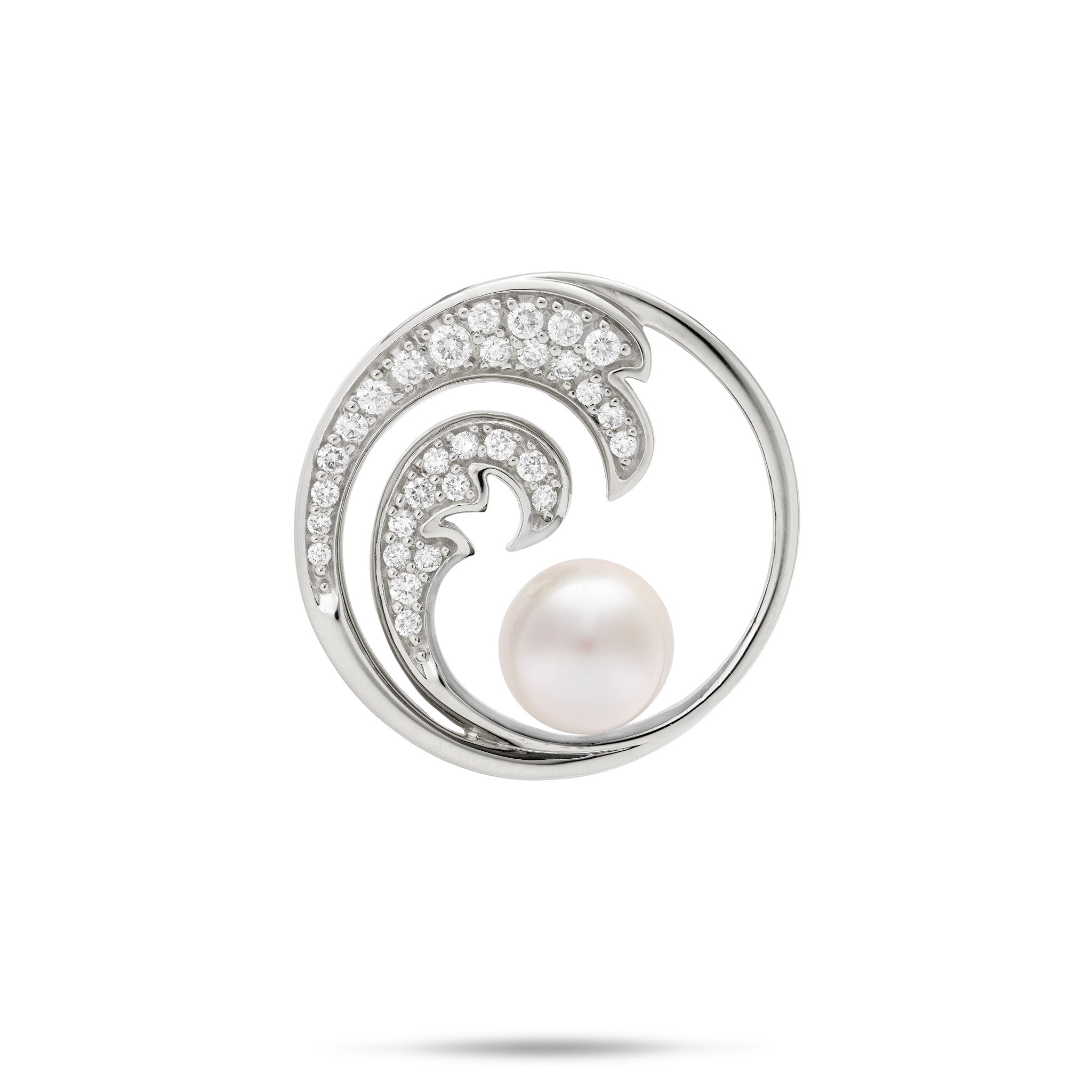 24mm Ocean Wave Diamond and Akoya White Pearl Pendant in 14k White Gold on a white background