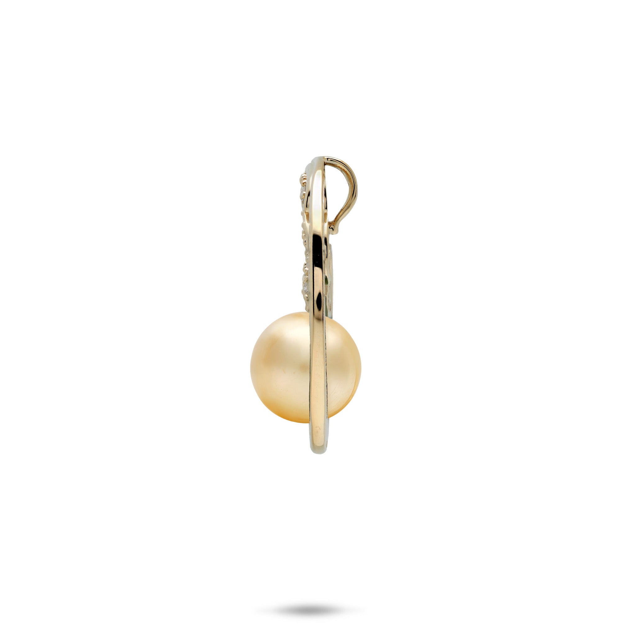 Side view of a 24mm Round Ocean Wave Diamond and South Sea Gold Pearl Pendant in 14k Yellow Gold on a white background
